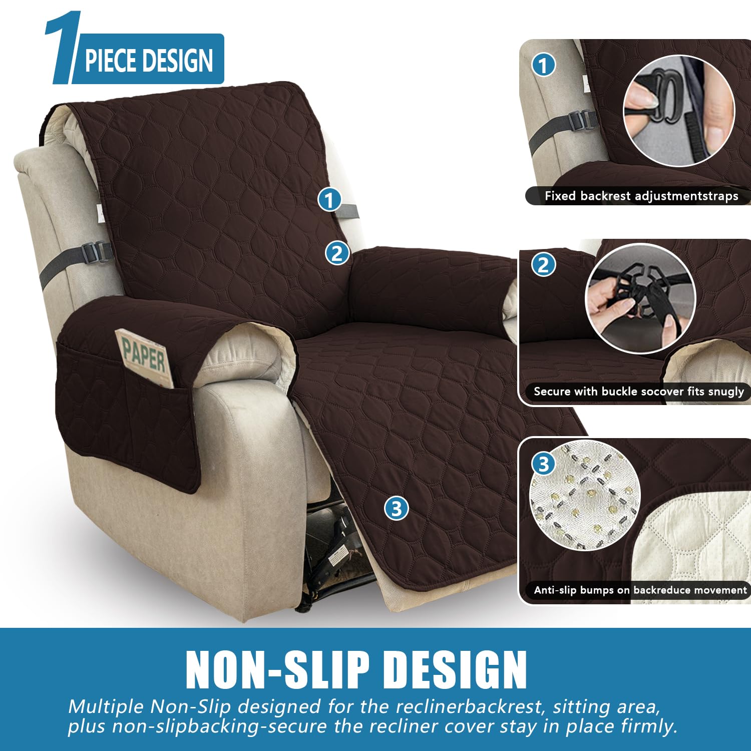 100% Waterproof Non-Slip Recliner Sofa Slipcover - Washable Pet-Friendly Chair Cover with Elastic Straps, Furniture Protector for Reclining Chairs (Chocolate, 23