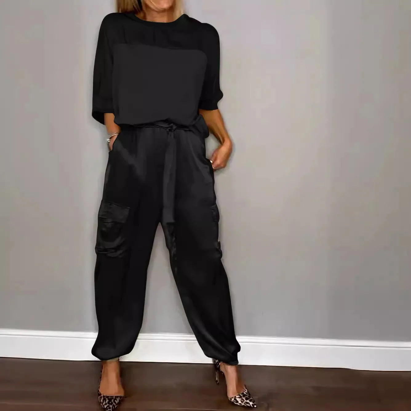 Women's Solid Color Satin Two Piece Set - Round Neck Top & Loose Long Pants Outfit for Spring Summer | Casual Lounge Wear, Street Style Fashion, Office to Weekend Outfits