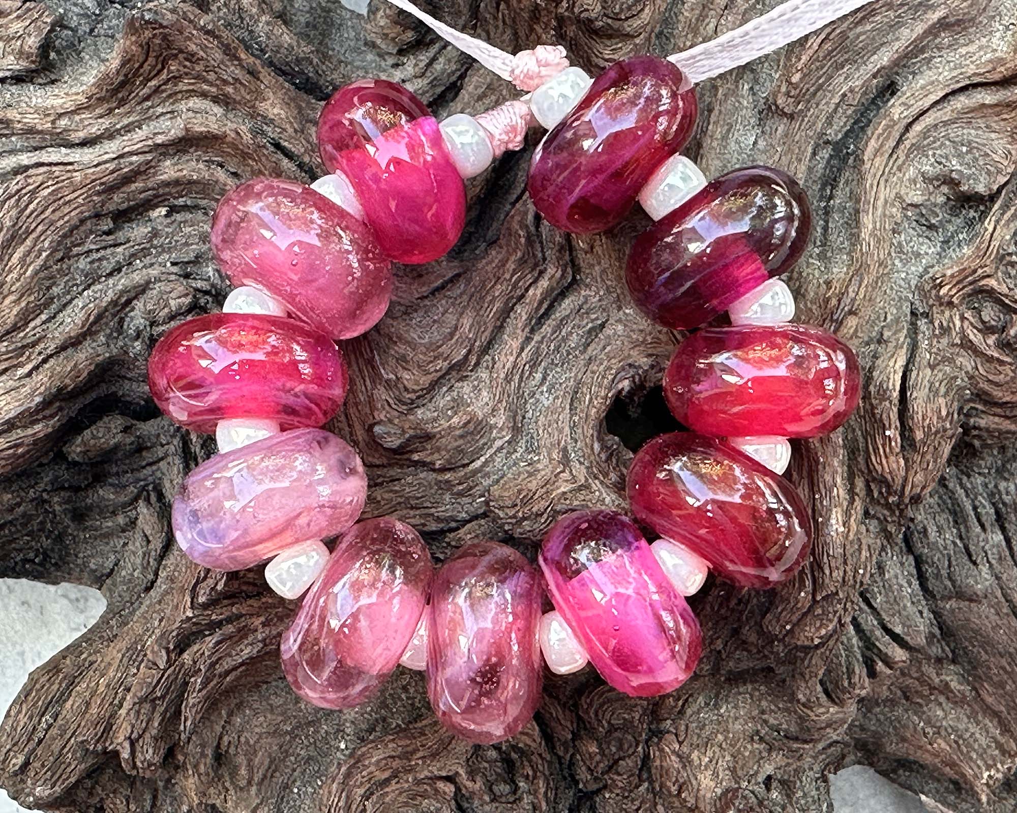 11-Piece Pink & Magenta Lampwork Glass Beads Set | Handmade SRA Beads for Jewelry Making, DIY Crafts | Perfect for Bracelets, Necklaces & Home Decor