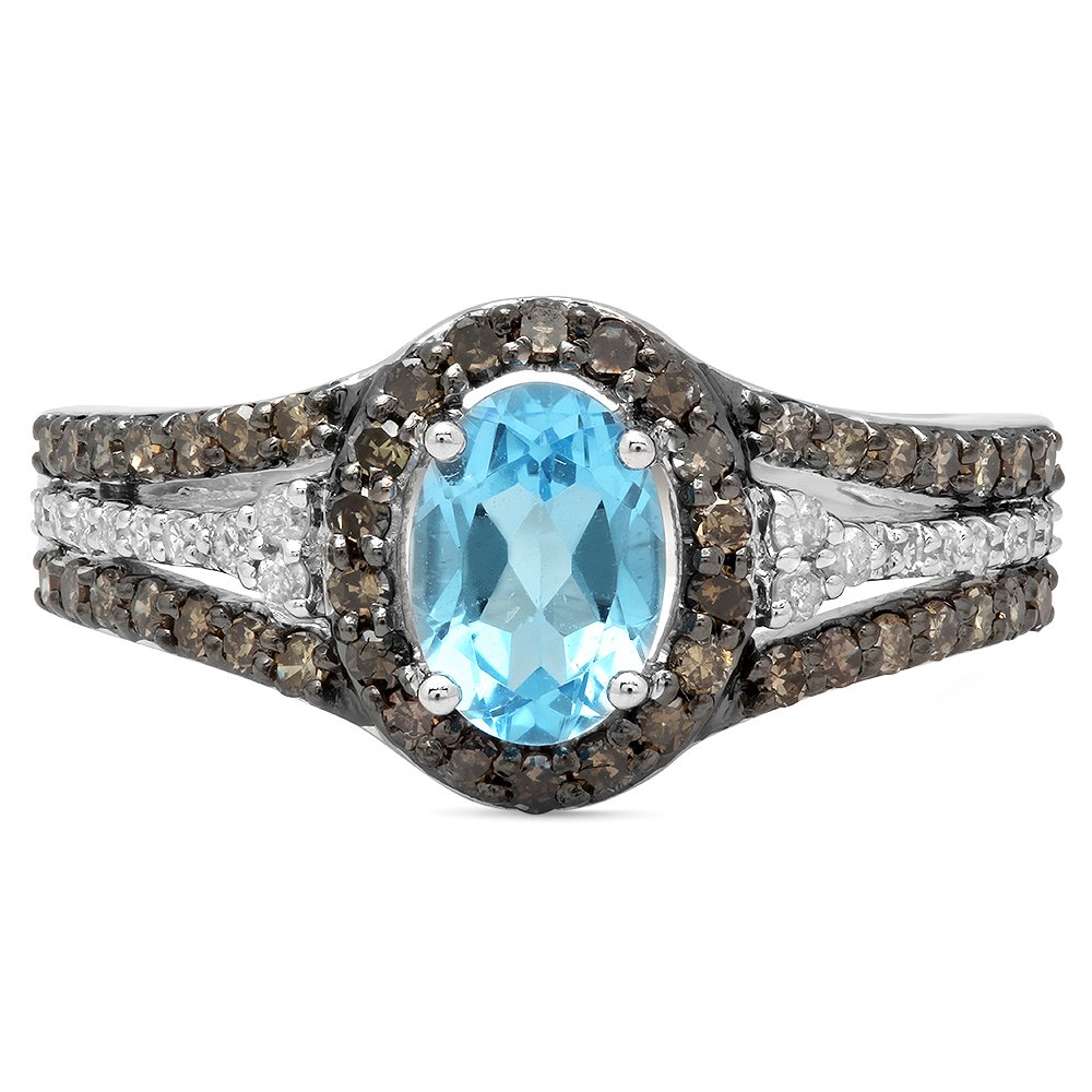 14K Solid White Gold Blue Topaz, Champagne & White Diamond Halo Engagement Ring for Women – Elegant Bridal Jewelry for Proposals, Anniversaries & Special Occasions