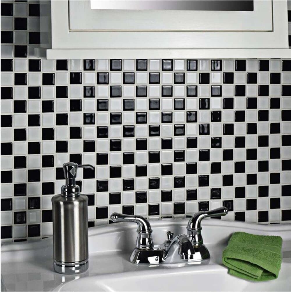 Black & White Square Checkered Porcelain Mosaic Tile - 12x12 Inch Shiny Glossy Finish (5 Sheets) - Perfect for Kitchen Backsplash, Bathroom Wall, and Flooring Decor