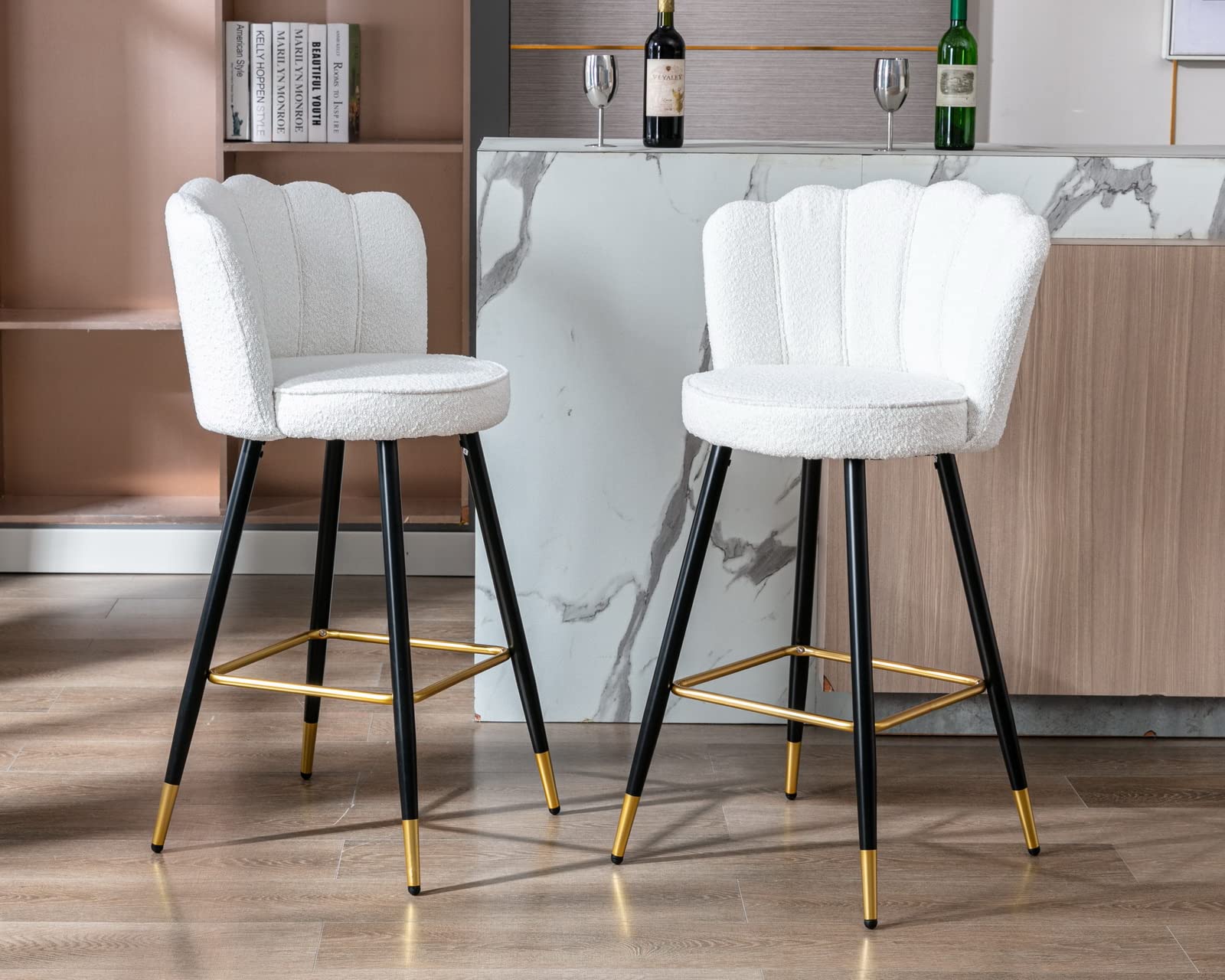 CIMOTA White Faux Fur Bar Stools Set of 2 - 30 Inch Modern Kitchen Stools with Petal Back, Bar Height Chairs for Dining Room, Kitchen Island & Home Decor - Perfect for Breakfast Nooks, Coffee Bars & Entertaining Guests (White, 2-Piece Set)
