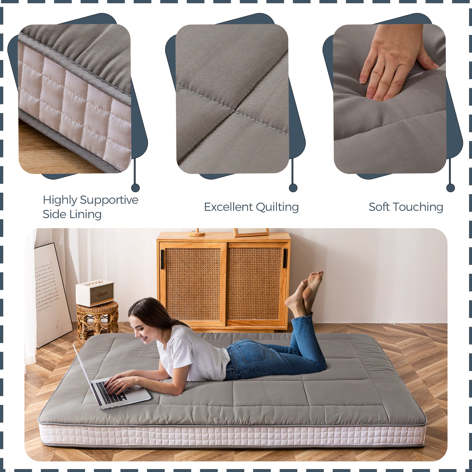 MAXYOYO 6-Inch Extra Thick Floor Futon Mattress - Square Quilting Design, Dark Grey | Foldable Guest Bed, Floor Couch, Dorm Room & Small Space Solution