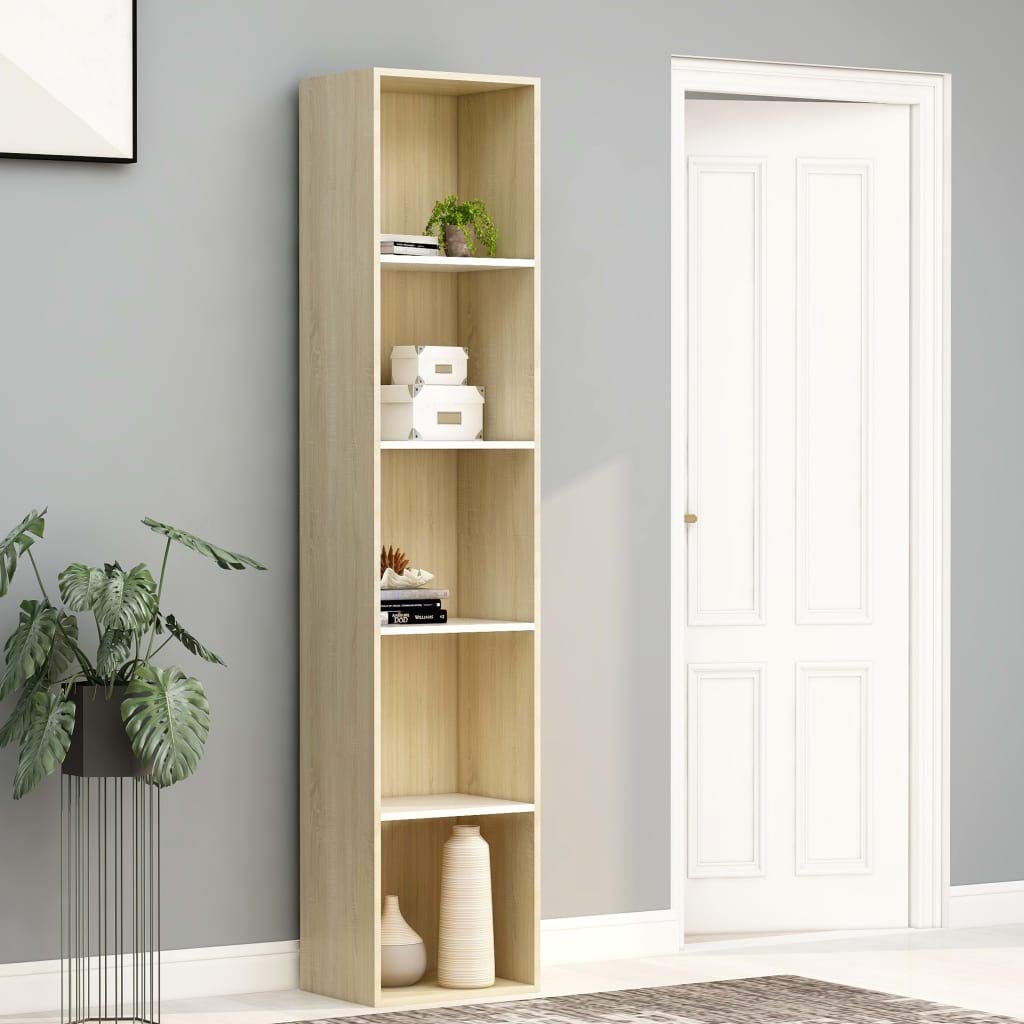 SOONHUA White & Sonoma Oak Bookcase TV Stand with Storage Cabinet & Open Shelves - 15.7