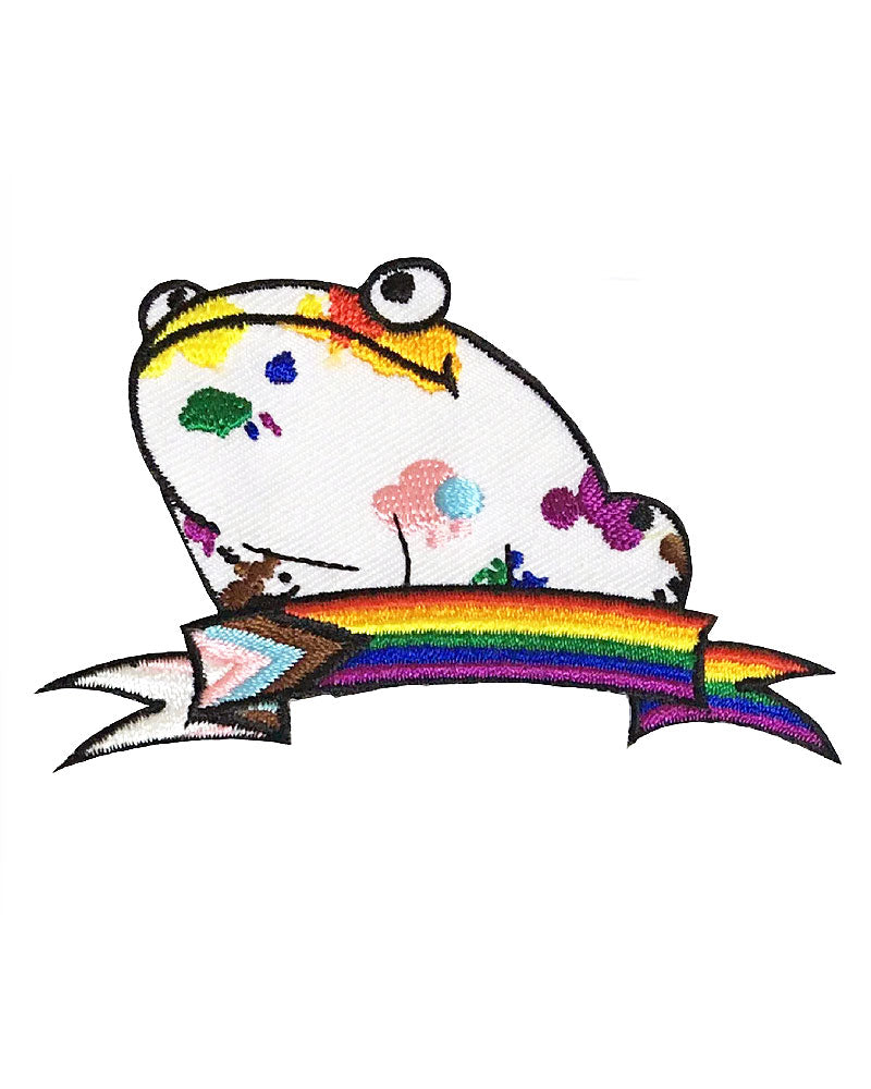 Progress Pride Frog Patch - LGBTQ+ Embroidered Iron-On Applique for Backpacks, Jackets & Hats | Rainbow Flag Design for Pride Month & Everyday Wear