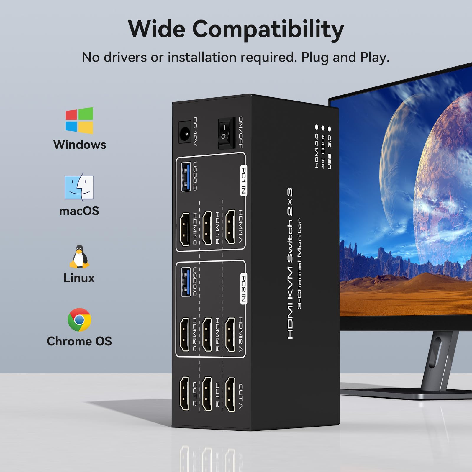 4K@60Hz HDMI KVM Switch for 3 Monitors & 2 Computers - 4-Port USB 3.0 Hub for Sharing Triple Displays and USB Devices | Supports Extended & Copy Modes | Ideal for Home Office, Gaming, and Multi-Tasking Workstations