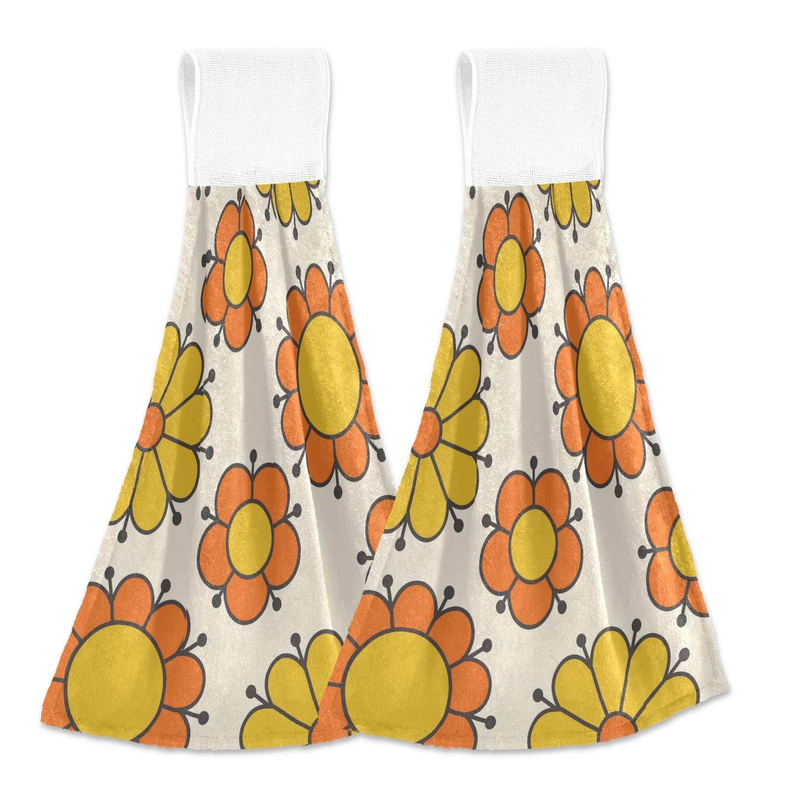 Vintage 60s Style Orange and Yellow Floral Kitchen Towels - 2 Pack Absorbent Dish Towels & Tea Towels with Hanging Loop for Cooking, Baking, and Dish Drying