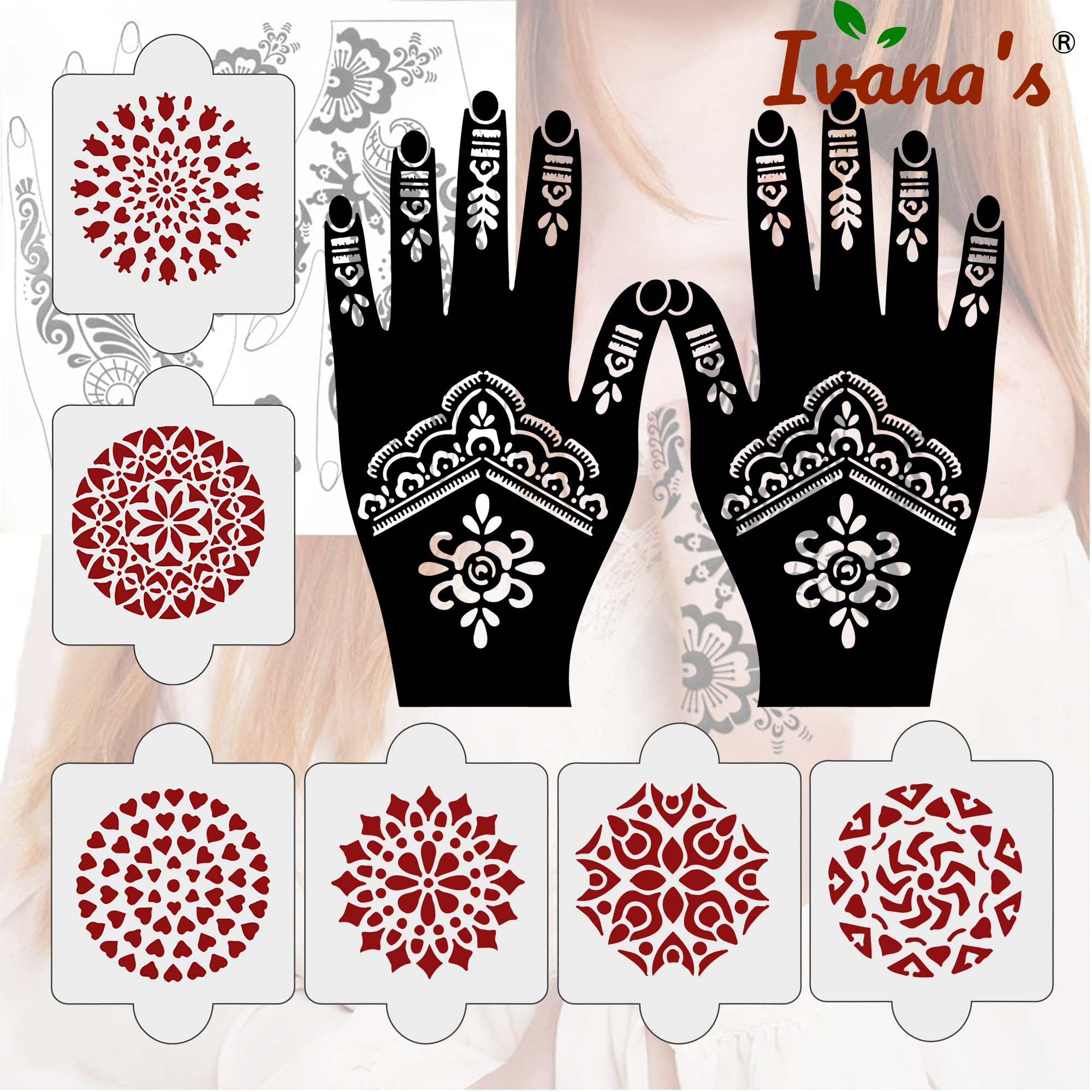 8-Piece Henna Stencil Kit (2 Henna Tattoo Stencils + 6 Reusable Laser-Cut PVC Stencils) for Women, Girls & Kids - Easy Application Mehndi Stickers for Full Hand Designs - Perfect for Weddings, Festivals & DIY Body Art - IVNH-1079