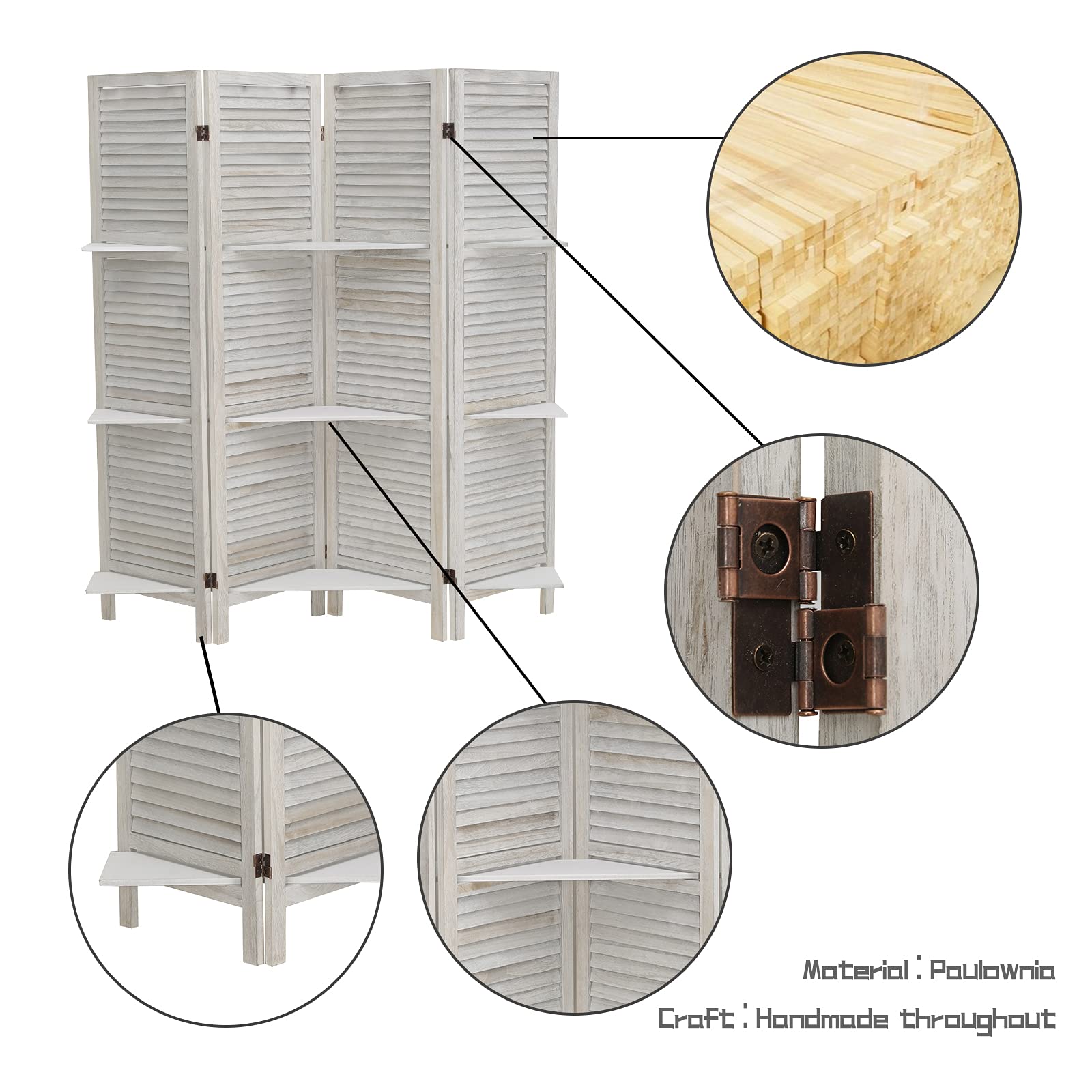 ECOMEX 4-Panel Room Divider with Shelves - White Folding Privacy Screen & Wall Partition for Bedroom, Home Office, Studio - Portable Space Divider for Home Decor, Yoga Studio & Small Apartment Living