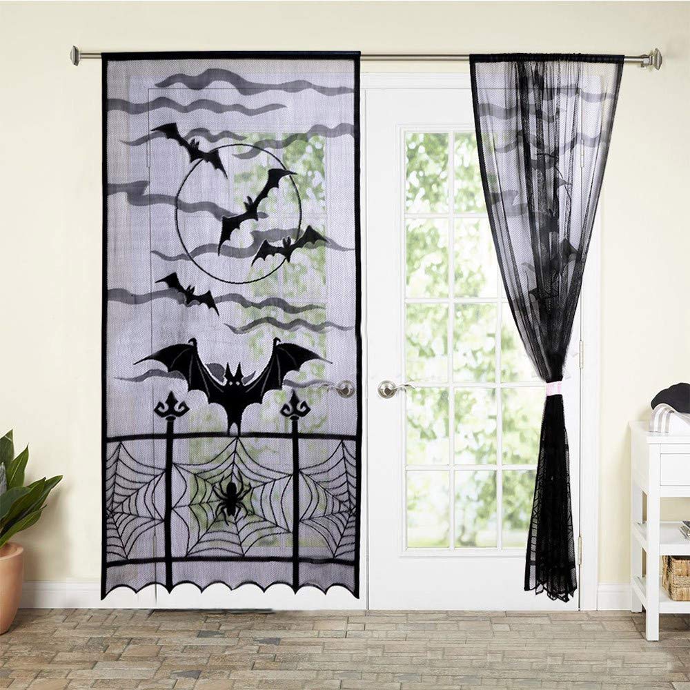 1Pcs Halloween Spider Web Bats Window Curtain - 40x84 Inches Black Lace Decor with Flying Bats - Spooky Kitchen Door & Window Decorations for Halloween Party & Home Haunted House