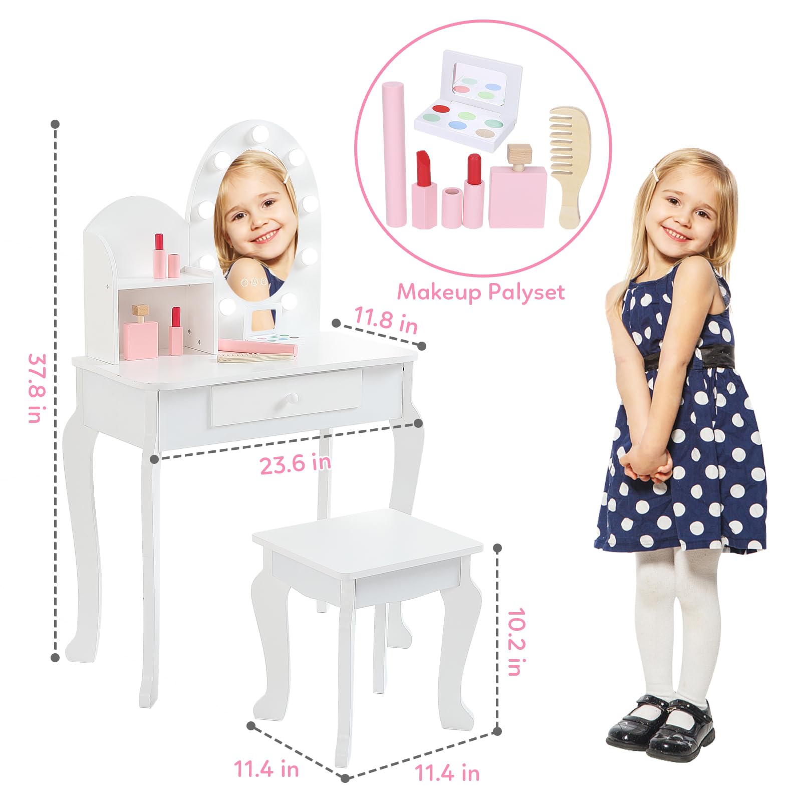 White Wooden Princess Vanity Set with Light & Mirror - Kids Makeup Dressing Table with Stool, Drawer & Pretend Play Cosmetics | Perfect for Toddler Pretend Play, Birthday Gifts & Bedroom Decor (Batteries Not Included)