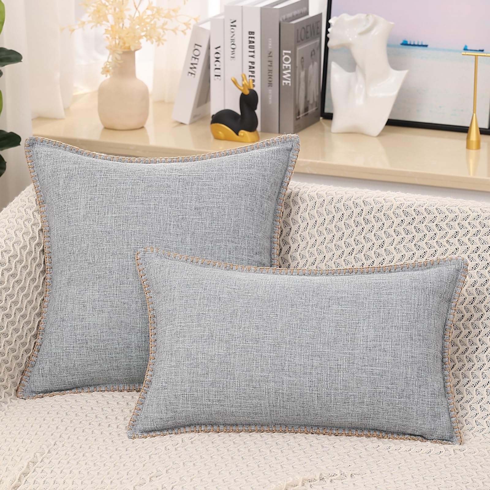 decorUhome Set of 2 20x20 Inch Square Linen Outdoor Throw Pillow Covers - Rustic Farmhouse Decorative Cushion Covers with Stitched Edge for Patio, Garden, Porch, Couch & Sofa - Light Grey Home Decor