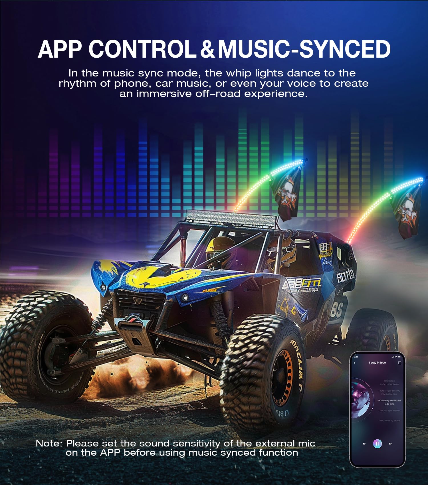 2 Pack 4FT LED Whip Lights with Spring Base & Rocker Switch - APP & Remote Control, 366 RGB Spiral Chasing Modes, Includes 6 Nylon Flags - for UTV ATV RZR SXS Can-Am Off-Road Vehicles (Perfect for Night Rides, Off-Road Adventures & Vehicle Customization)