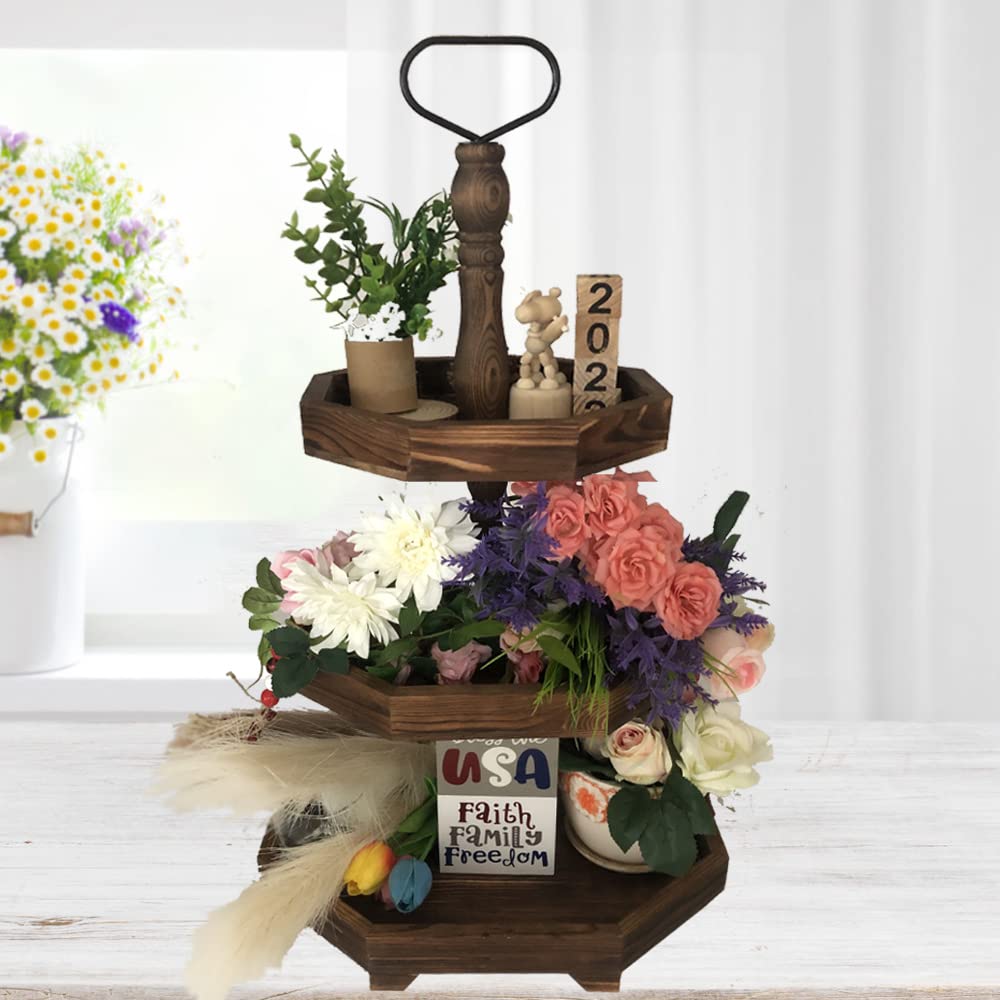 3-Tier Wooden Serving Tray - Rustic Farmhouse Decor for Kitchen, Desserts & Cupcakes | 27
