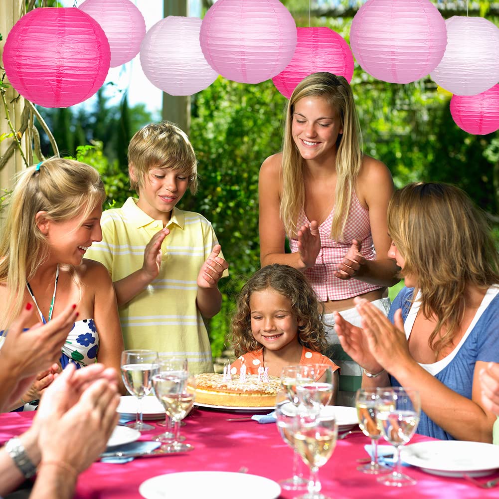 12 Pack Pink LED Chinese Paper Lanterns with Lights - Hanging Round Decorative Lanterns for Engagement, Bachelorette, Birthday Party & Wedding Decor | Indoor/Outdoor Event Lighting