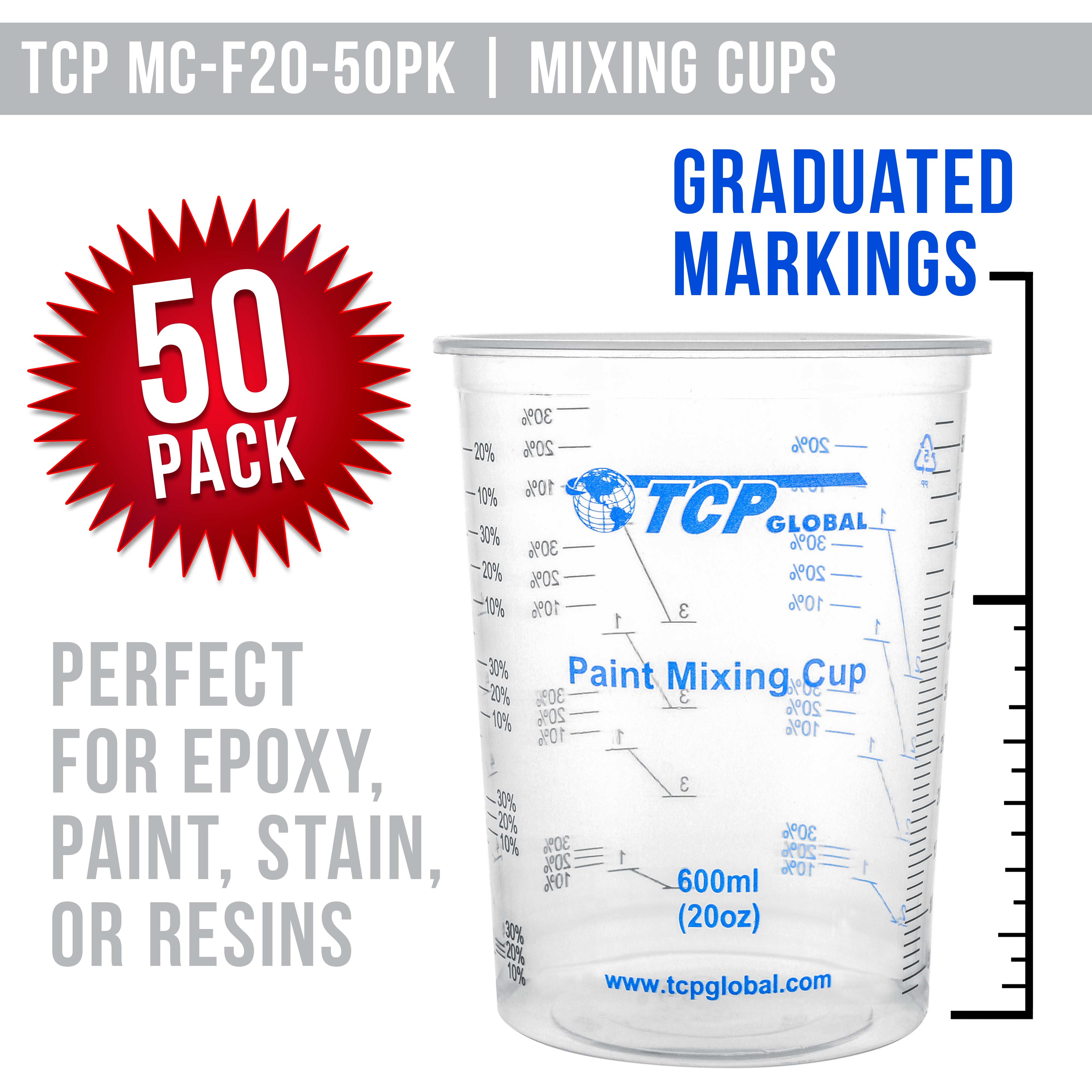 TCP Global 20oz (600ml) Disposable Clear Plastic Mixing Cups with Graduated Measurements - Box of 50 Cups & 50 Mixing Sticks - Perfect for Paint, Resin, Epoxy, Art Projects & DIY Crafts