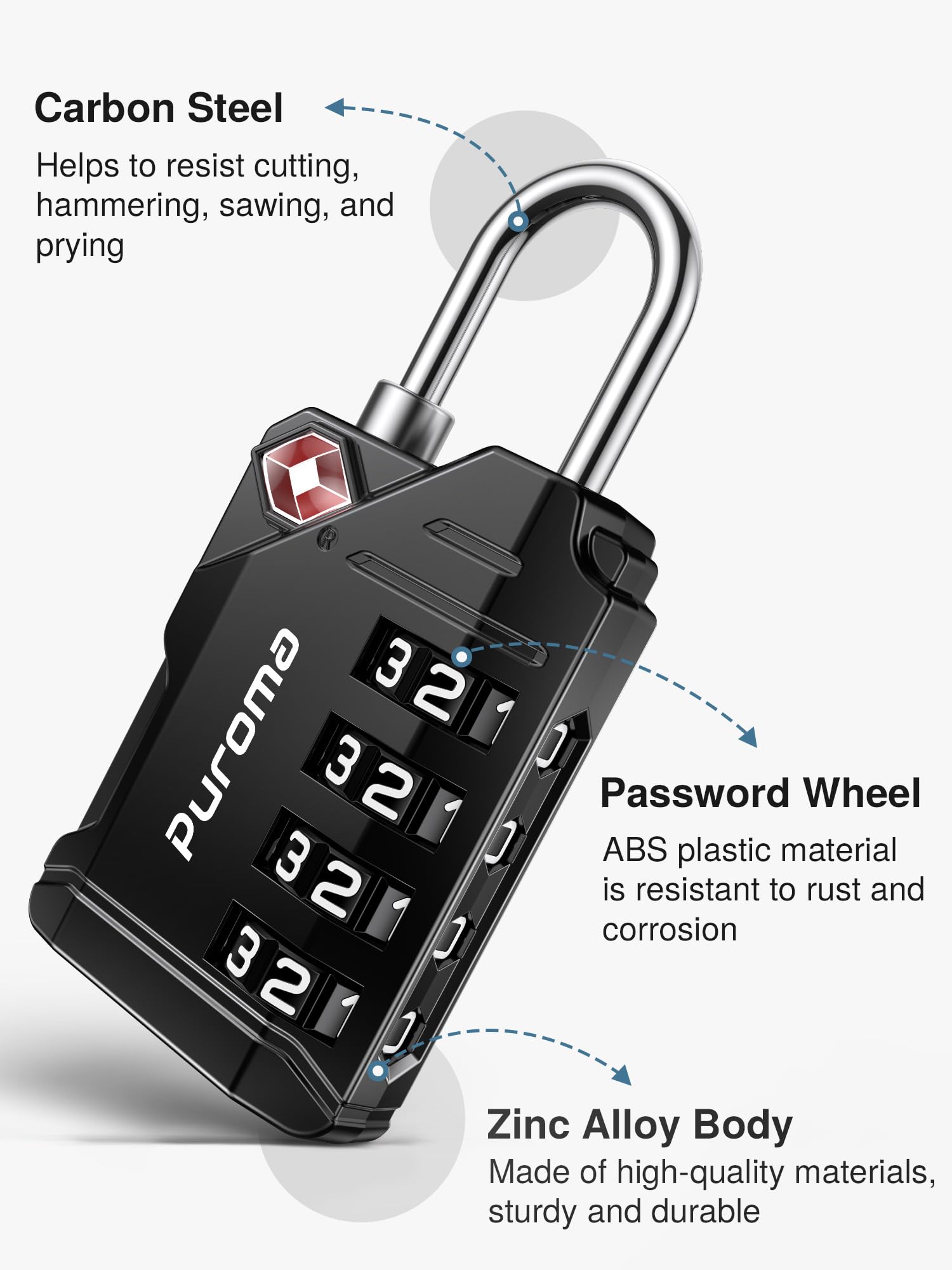 Puroma 4-Pack TSA Approved Luggage Locks - Black 4-Digit Resettable Combination Locks with Zinc Alloy Body for Travel, Suitcases, Backpacks & Gym Lockers | Secure Your Belongings During Air Travel, Commuting & Workouts
