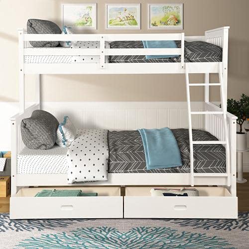 Twin Over Full Bunk Bed with Storage Drawers & Ladder - Solid Wood Bunk Bed with Full-Length Safety Guardrail - No Box Spring Required - White - Perfect for Kids' Bedroom, Guest Room & Space-Saving Solutions