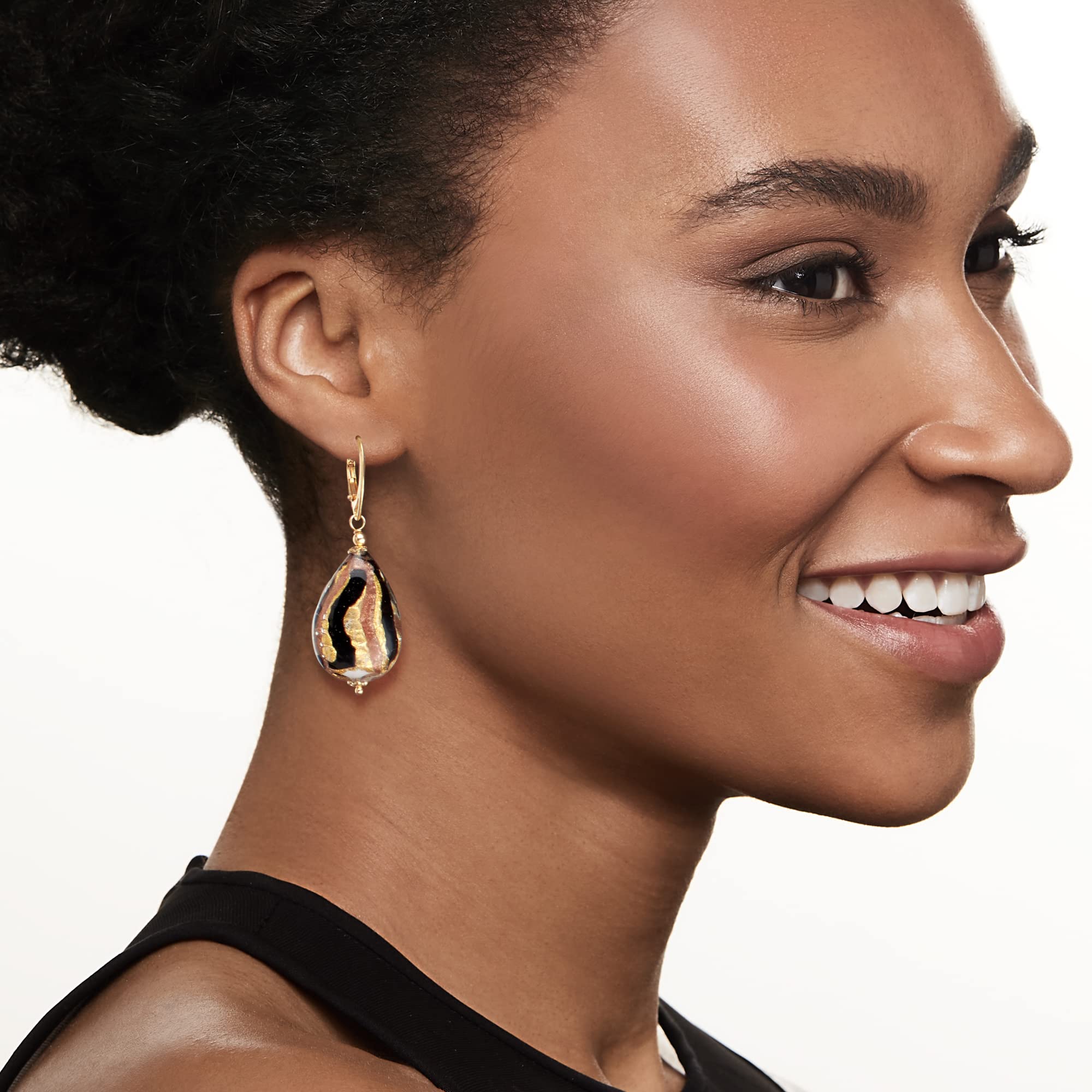 Ross-Simons 18kt Gold Over Sterling Italian Murano Glass Drop Earrings - Black & Goldtone Elegance for Parties, Weddings & Special Occasions