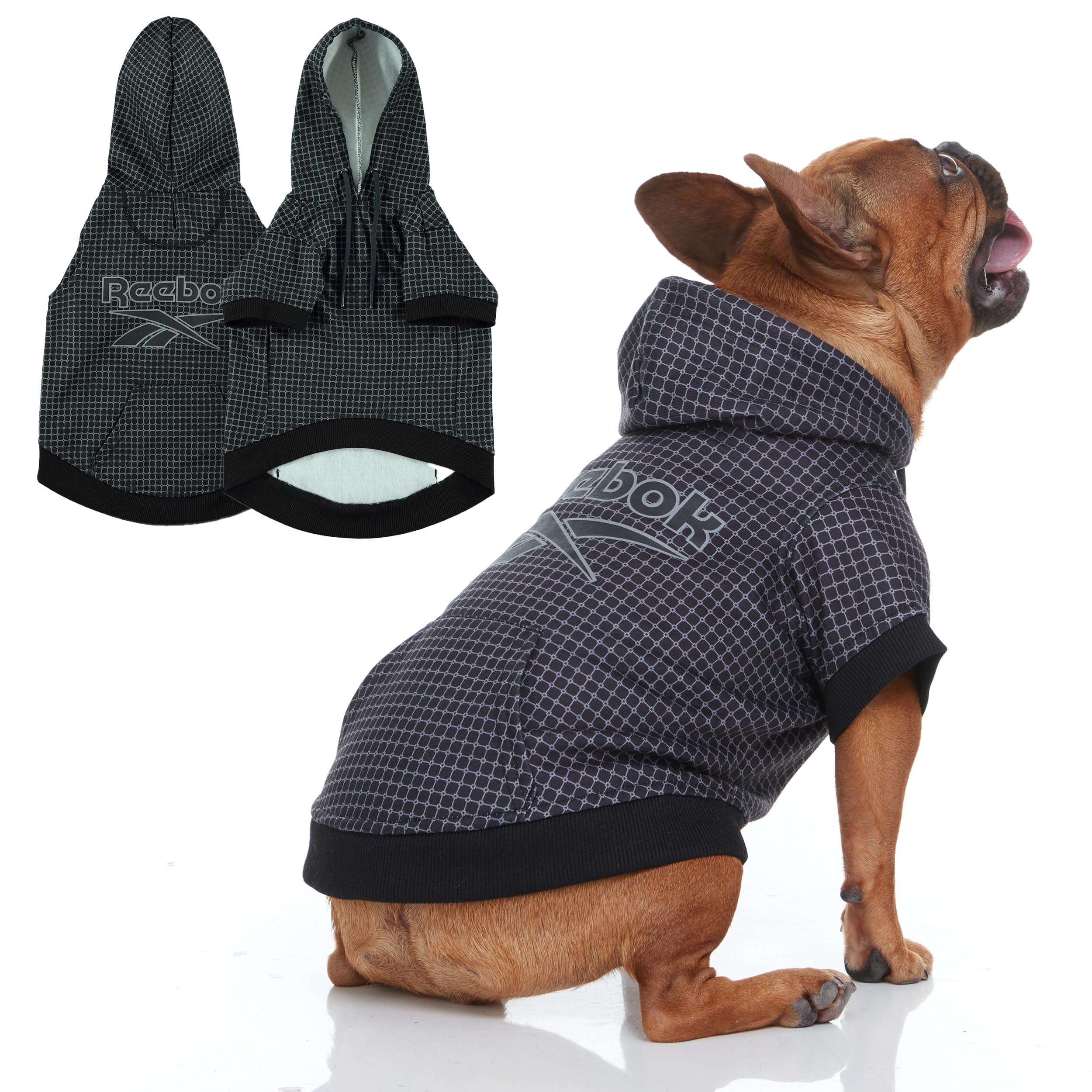 Reebok Fleece Dog Hoodie with Leash Hole - Warm Winter Dog Sweater for Small, Medium & Large Dogs | Cozy Pullover Hooded Sweatshirt for Fall & Christmas | Perfect for Outdoor Walks & Holiday Photos