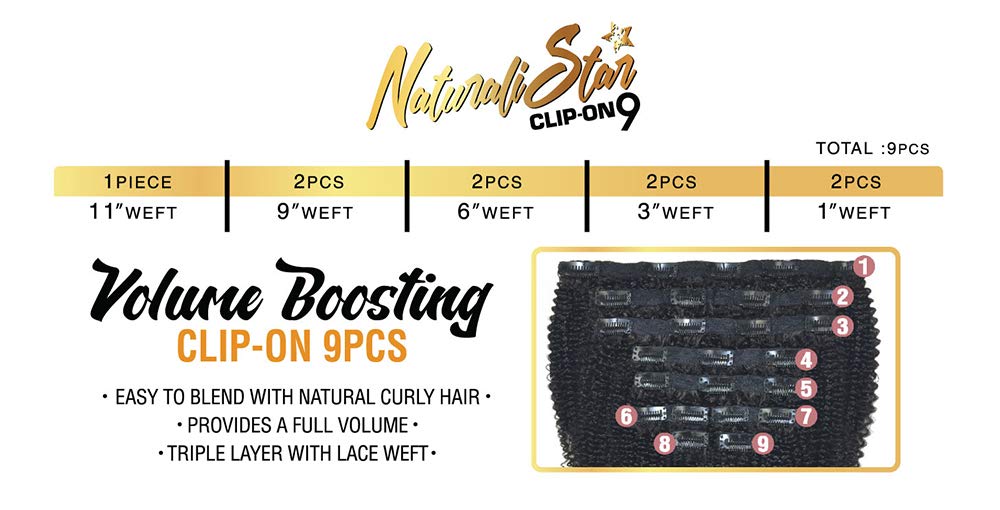 Zury 9Pcs 3C Curly Human Hair Clip-In Extensions 16