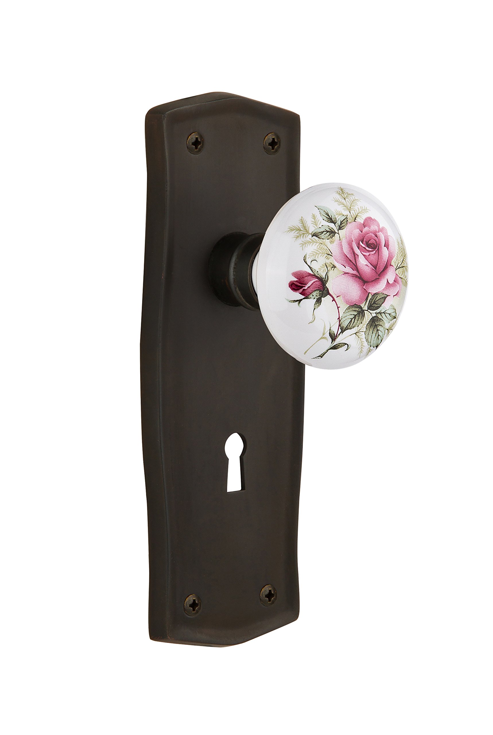 Vintage Oil Rubbed Bronze Prairie Plate with Keyhole Rose Porcelain Knob - 2.375