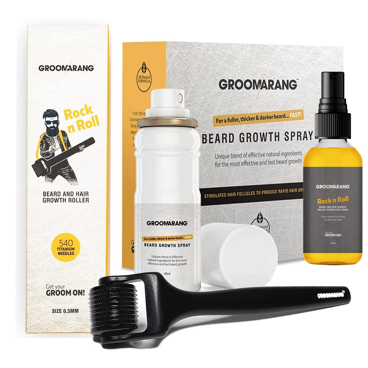 GROOMARANG 0.5mm Derma Roller for Beard Growth with 540 Titanium Needles | Beard Growth Spray 60ml & Storage Case | Best for Thicker Fuller Facial Hair | At-Home Grooming & Styling Routine