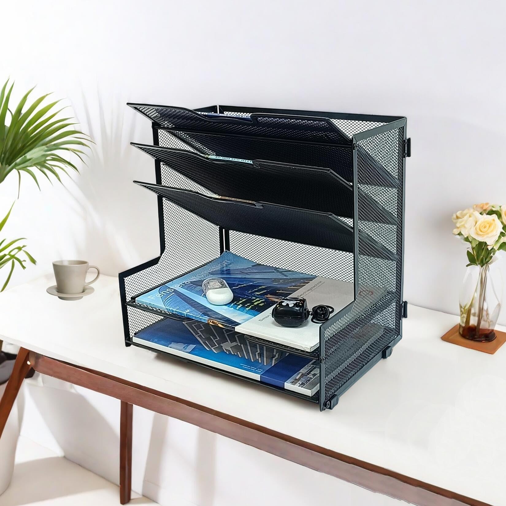 5-Tier Metal Mesh Desk Organizer - Black Office File Holder & Paper Organizer for Home & Office - Perfect for Desk Organization, Document Storage & Workspace Decluttering