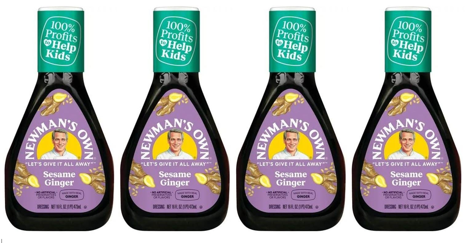Newman's Own Sesame Ginger Salad Dressing - 16 Fl Oz (Pack of 4) with Free V2U Utensil Set | Asian-Inspired Salad Topping, Marinade & Stir-Fry Sauce for Healthy Meals