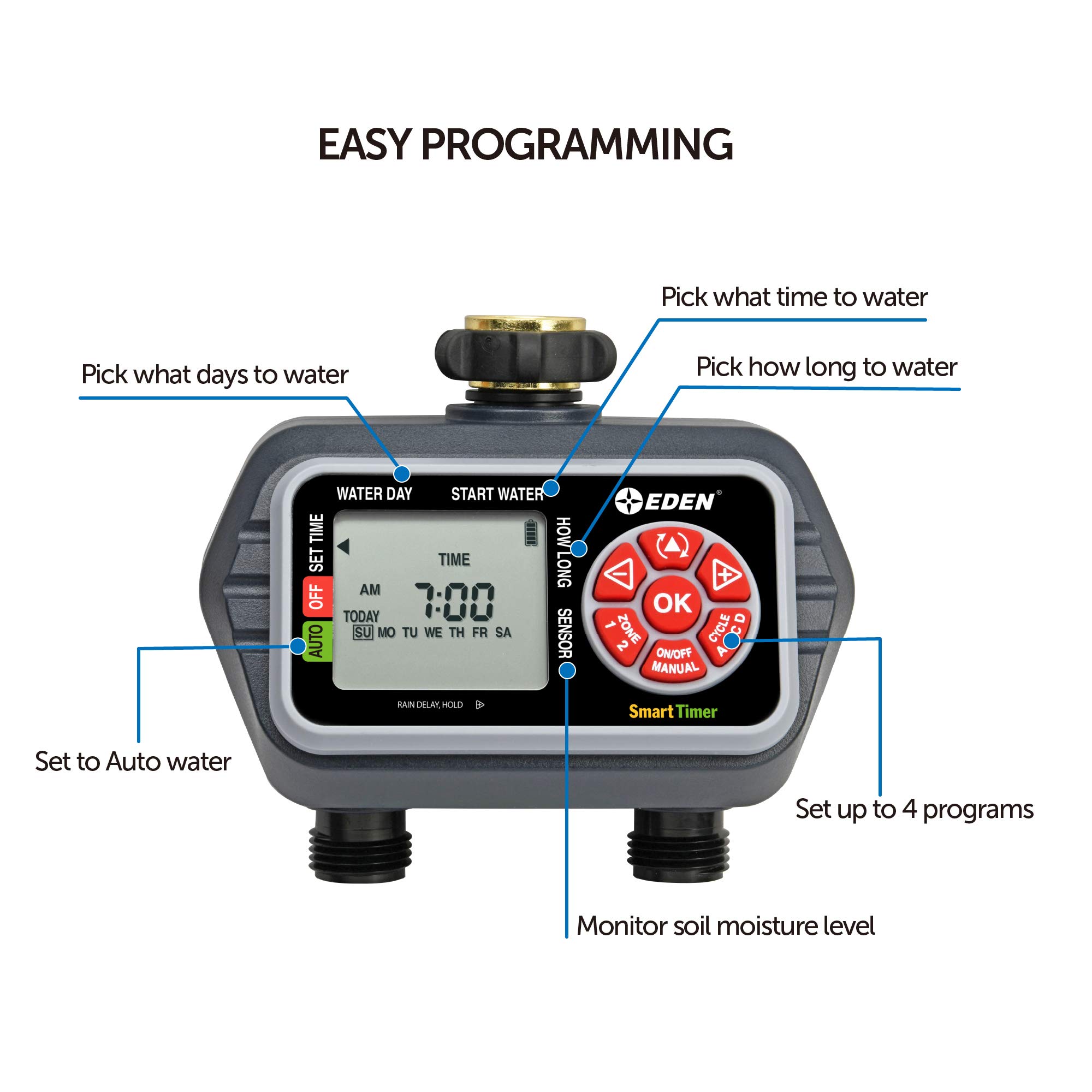 Eden 93412 2-Zone Programmable Digital Water Timer with Wireless Soil Moisture Sensor - Smart Irrigation for Garden, Lawn & Indoor Plants