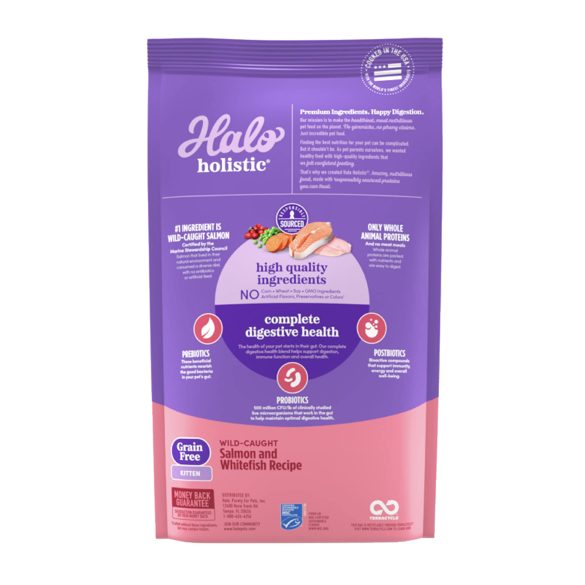 Halo Holistic Grain-Free Kitten Dry Food - Wild Caught Salmon & Whitefish Recipe for Complete Digestive Health - 10 lb Bag - Perfect for Growing Kittens & Sensitive Stomachs