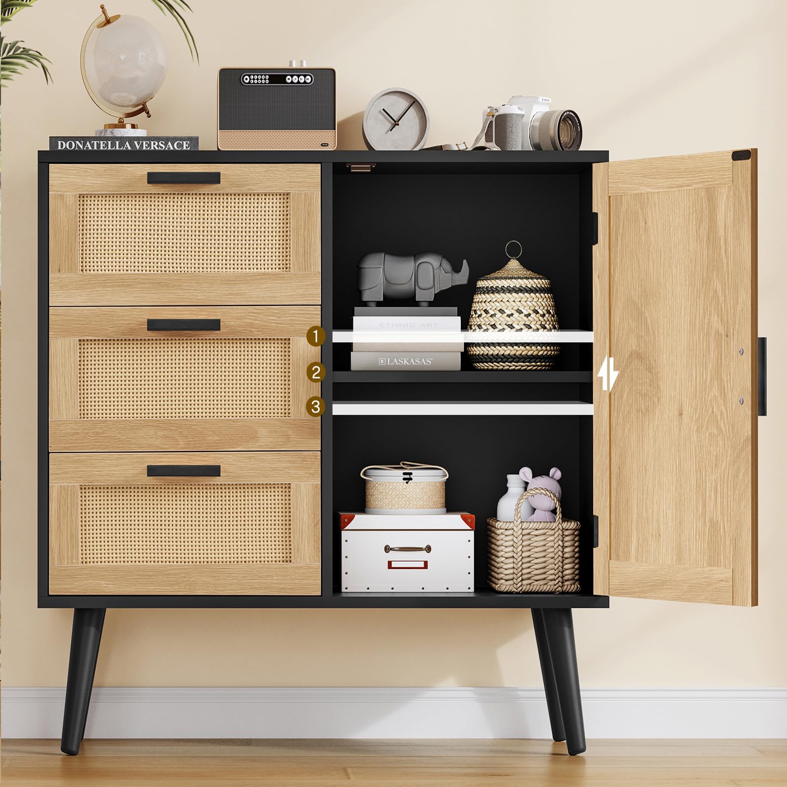 Iwell Rattan Storage Cabinet with 3 Drawers & Adjustable Shelf - Entryway, Living Room, Dining Room Accent Cabinet - Black & Natural for Home Organization & Stylish Decor