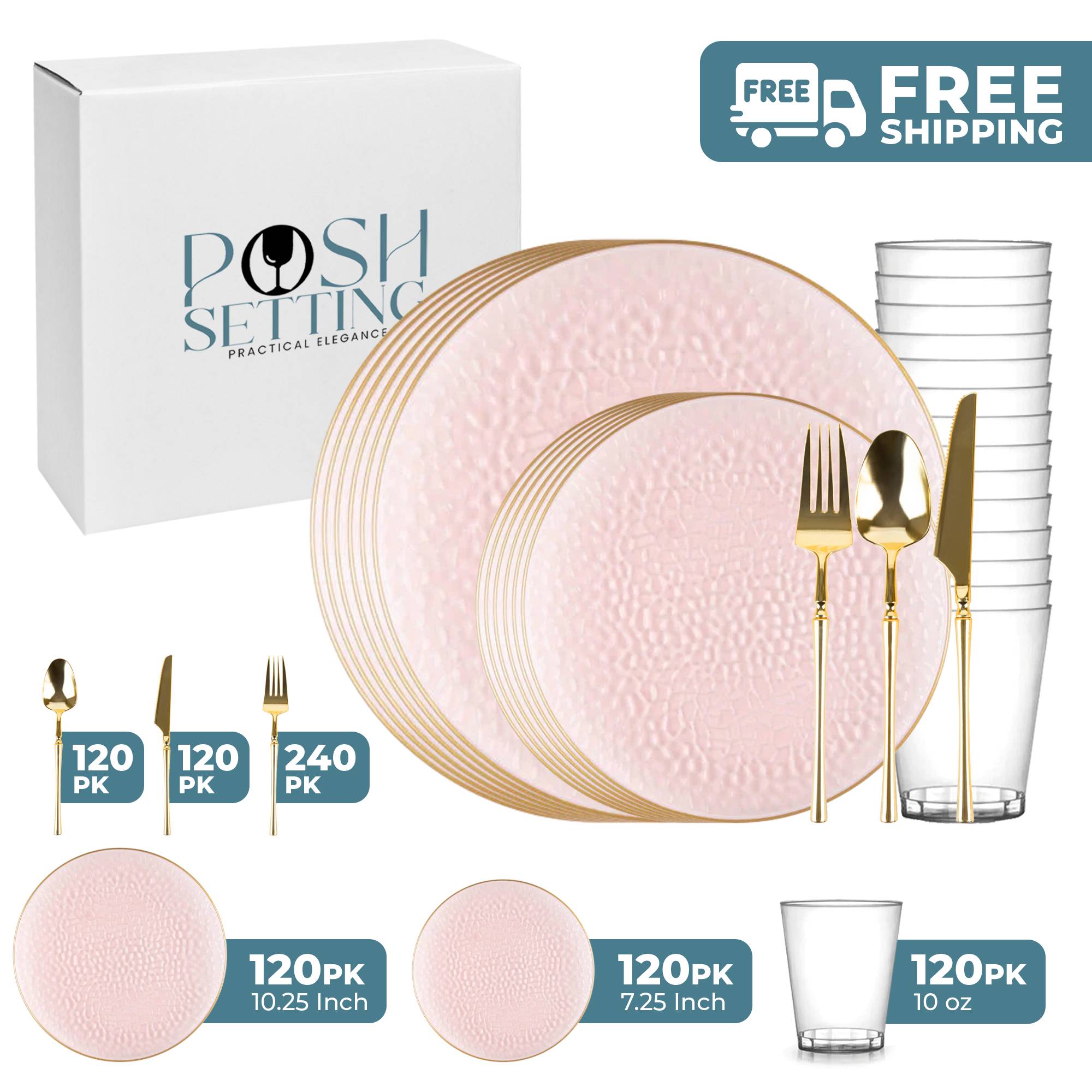Pink and Gold Plastic Party Bundle - Organic Hammered Disposable Tableware Set for Birthday, Wedding, Baby Shower & Holiday Celebrations