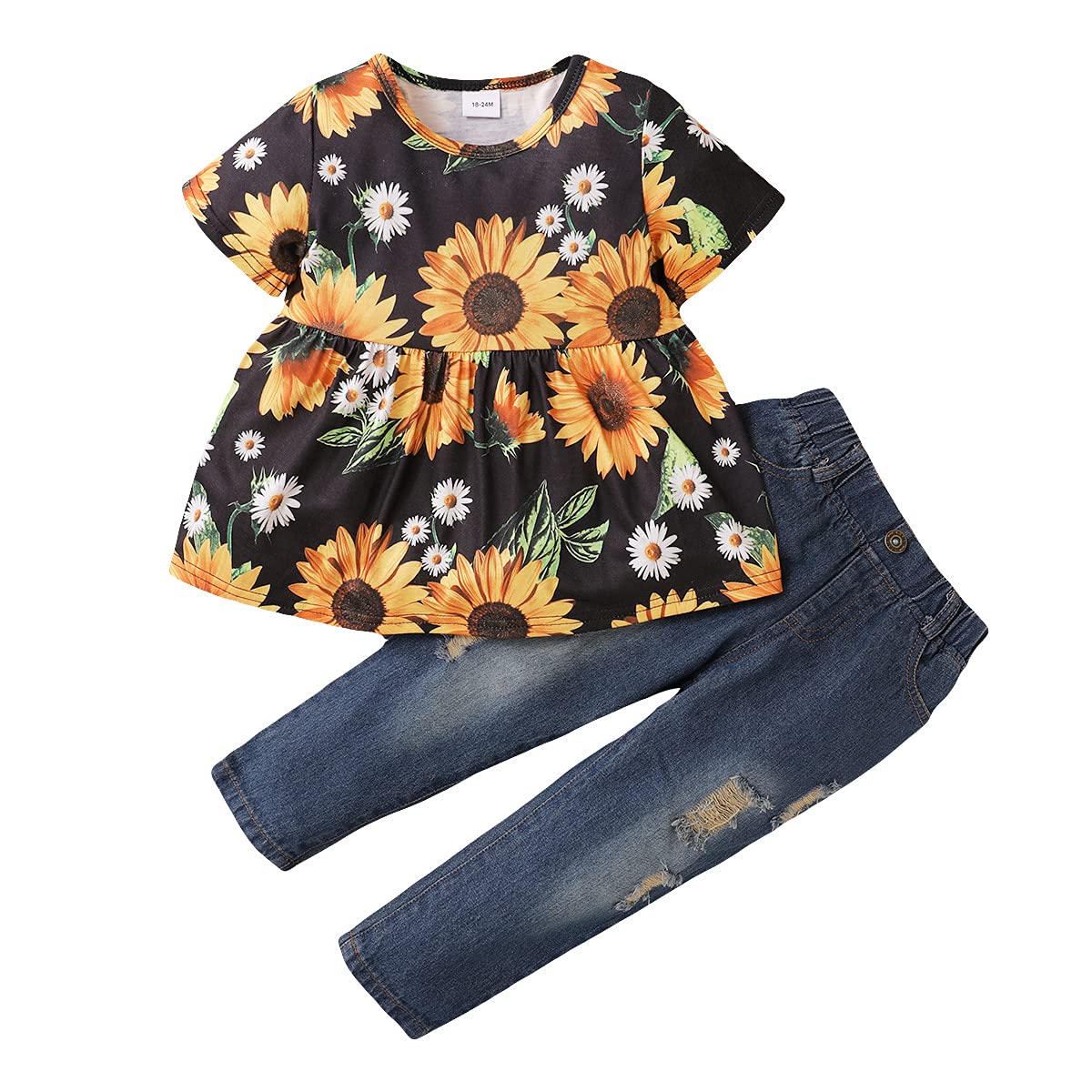 Adorable Leopard & Sunflower Toddler Girl Outfit - Floral T-Shirt & Ripped Denim Jeans Set for Summer | Playdates, Park Adventures & Family Photos
