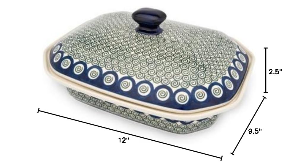 Blue Rose Polish Pottery Peacock Swirl Large Covered Baker - Handmade Ceramic Casserole Dish for Baking, Serving & Entertaining - Perfect for Holidays, Dinner Parties & Special Occasions