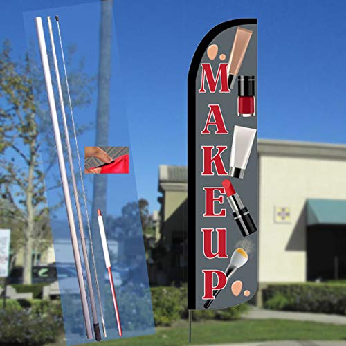MAKEUP Windless Feather Flag Bundle - 11.5' Tall Flag with 15' Flagpole & Ground Stake | Perfect for Salon Grand Openings, Beauty Events & Outdoor Advertising