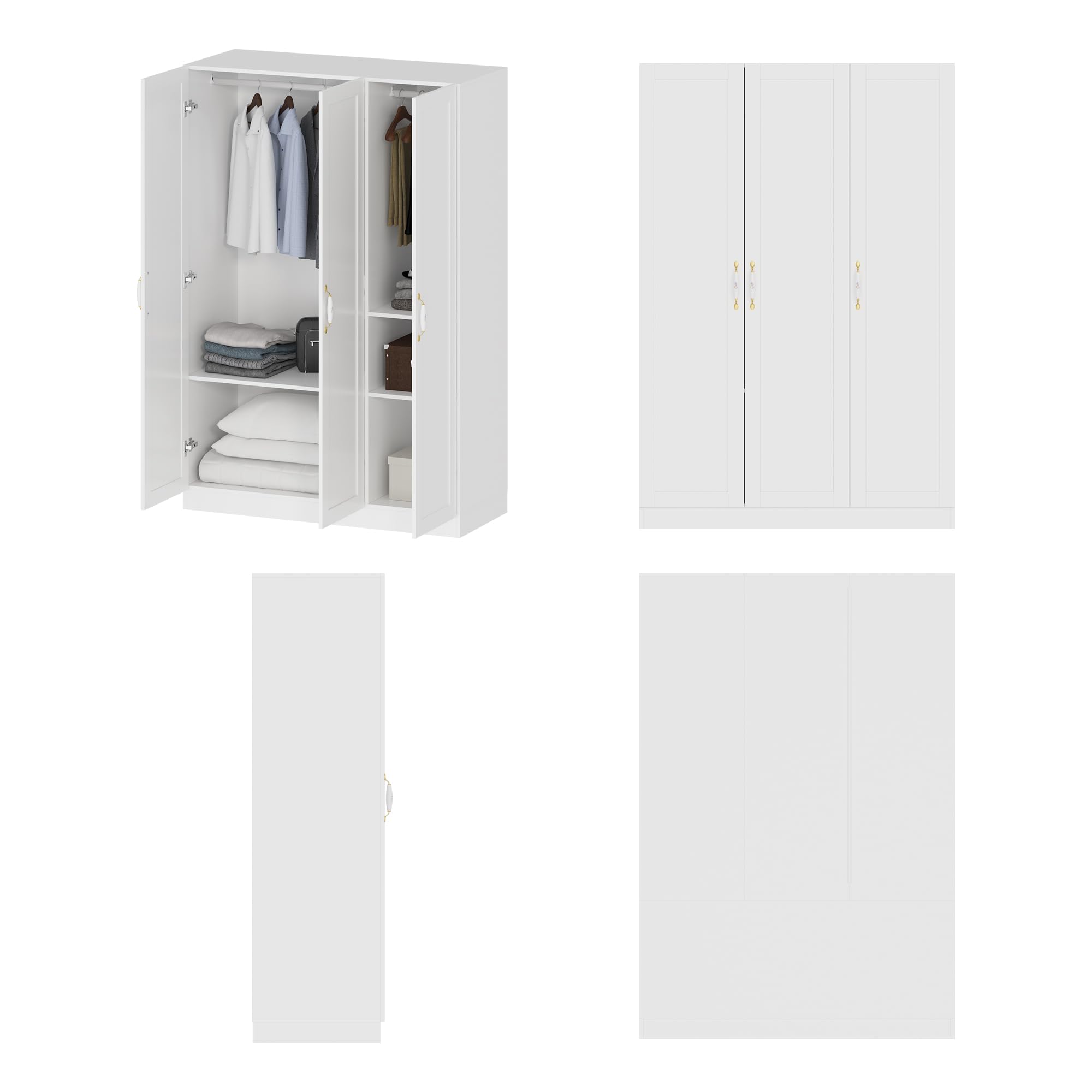 Homsee White Wooden Wardrobe Armoire Closet - 3 Doors, 5 Storage Compartments, 2 Hanging Rods & Decorative Handles for Bedroom Organization - Perfect for Master Bedroom, Guest Room, and Walk-in Closet Storage Solutions