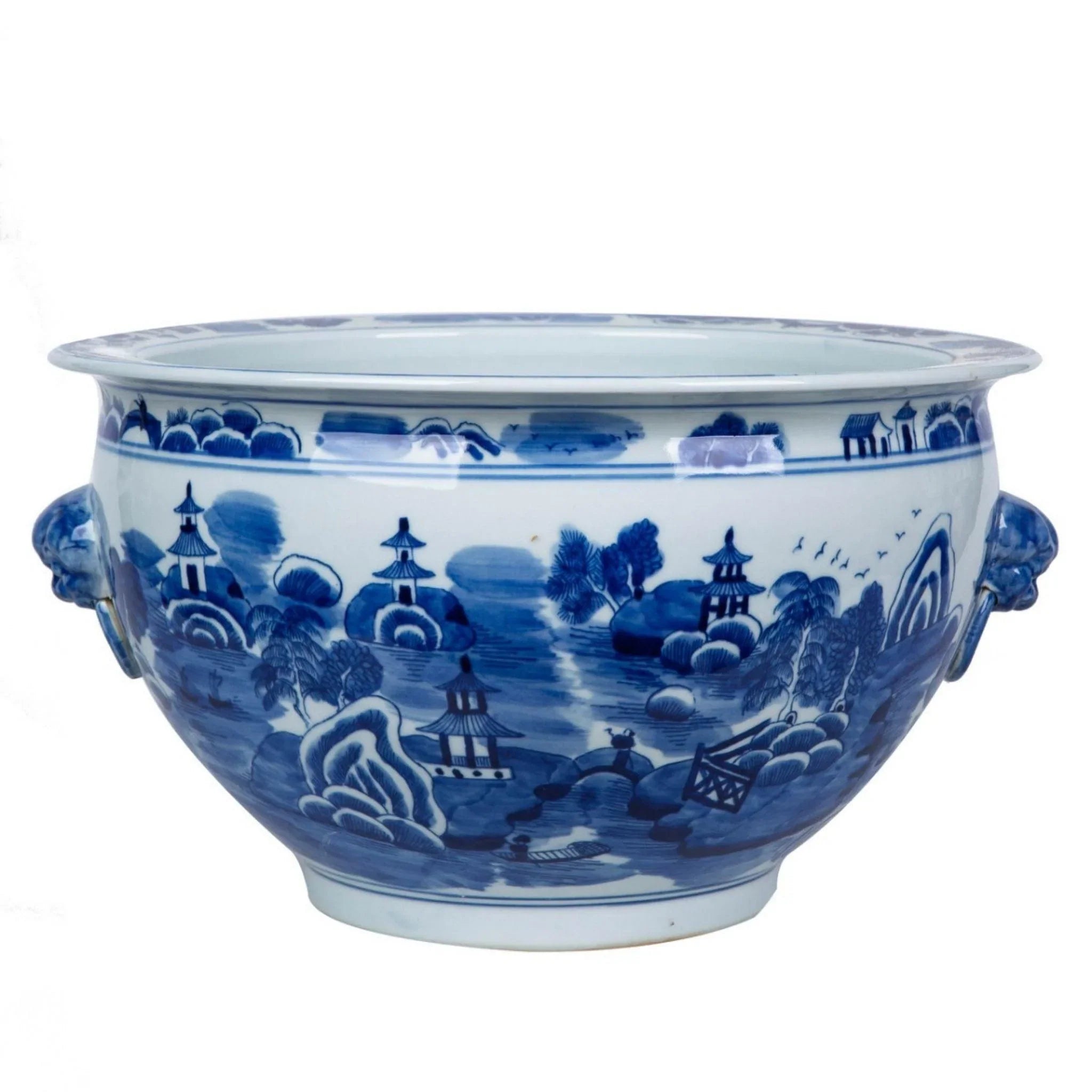 Blue and White Mountain Pagoda Porcelain Planter with Lion Head Handle - Elegant Chinese Ceramic Flower Pot for Home Decor, Office Desk, and Garden Display