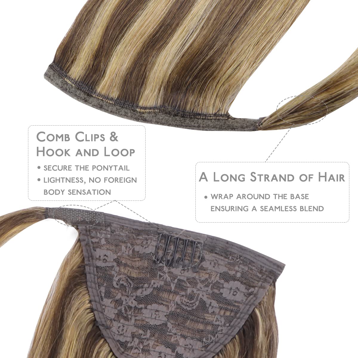 WENNALIFE 20 Inch Human Hair Ponytail Extension - 80g Balayage Chocolate Brown to Caramel Blonde Clip-in Wrap Around Remy Hairpiece for Women | Perfect for Parties, Weddings & Everyday Styling