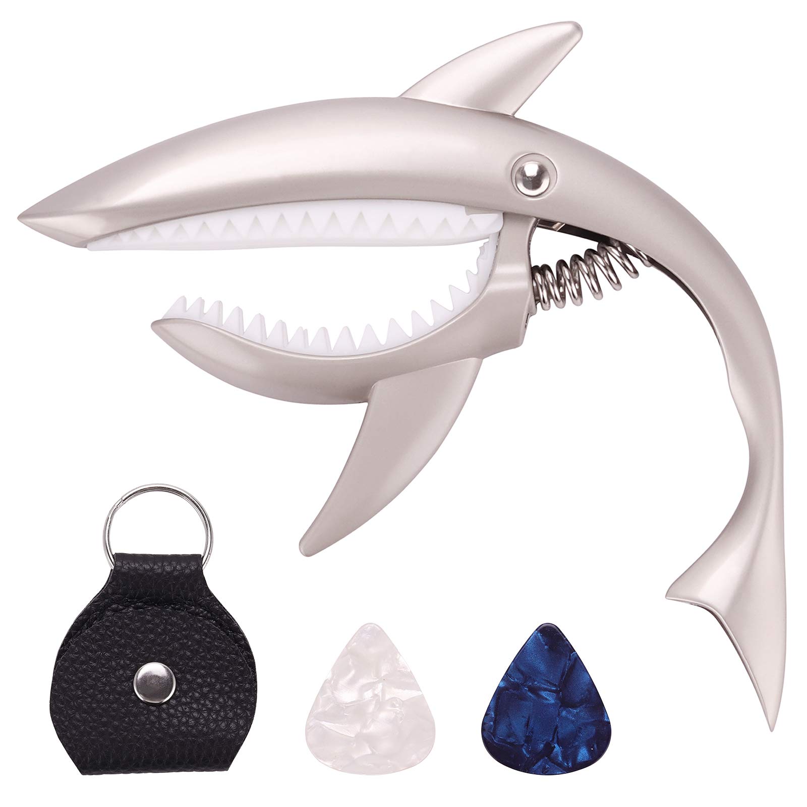 Isrono Shark-Shaped Zinc Alloy Guitar Capo & Tuner for Electric & Acoustic Guitars - Includes Pick Wallet & 2 Picks (Gray) - Perfect for Stage Performances & Music Practice