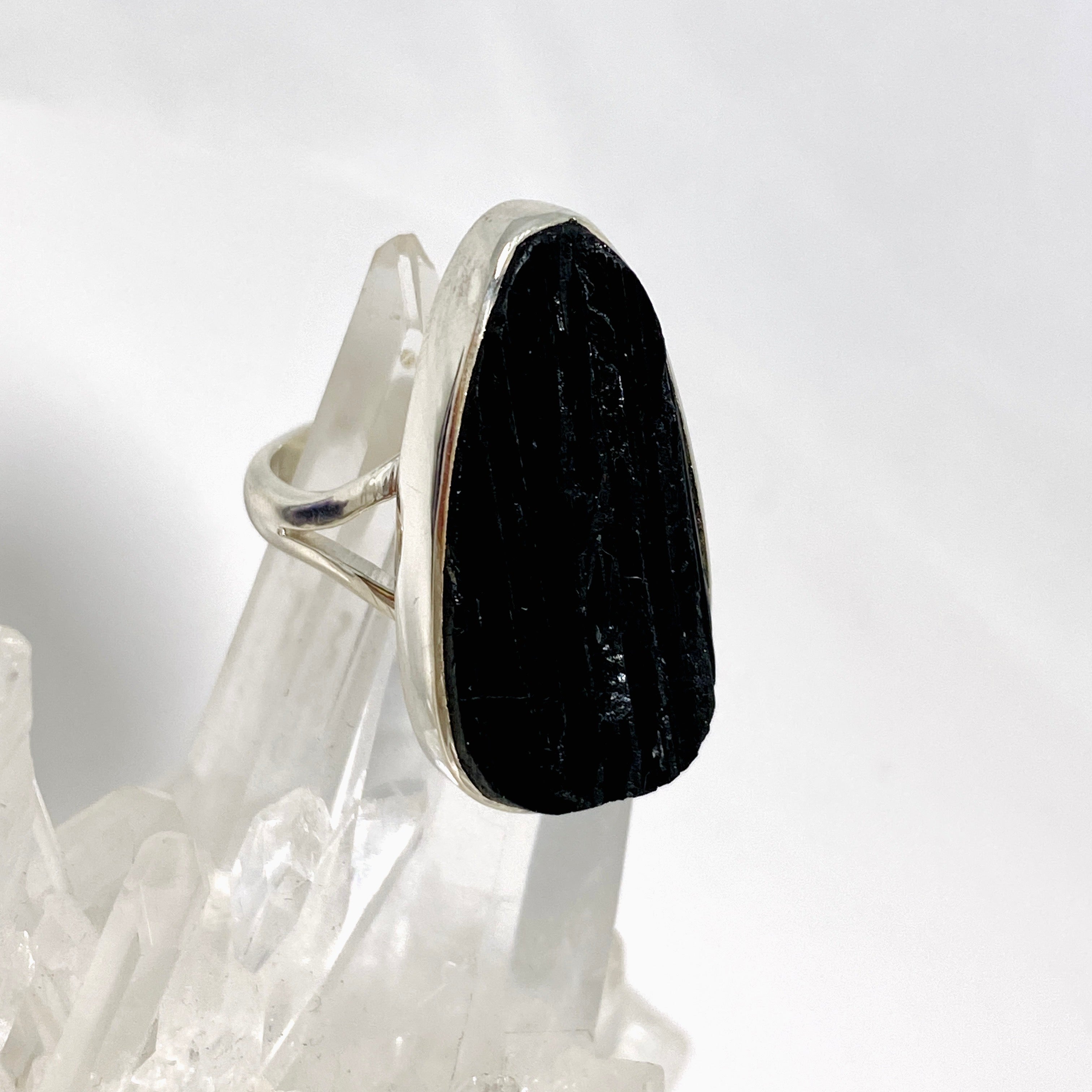 Black Tourmaline Teardrop Raw Split Band Ring Size 9 KRGJ3275 - Natural Stone Jewelry for Women, Handmade Boho Wedding Ring, Perfect for Spiritual Healing & Energy Protection