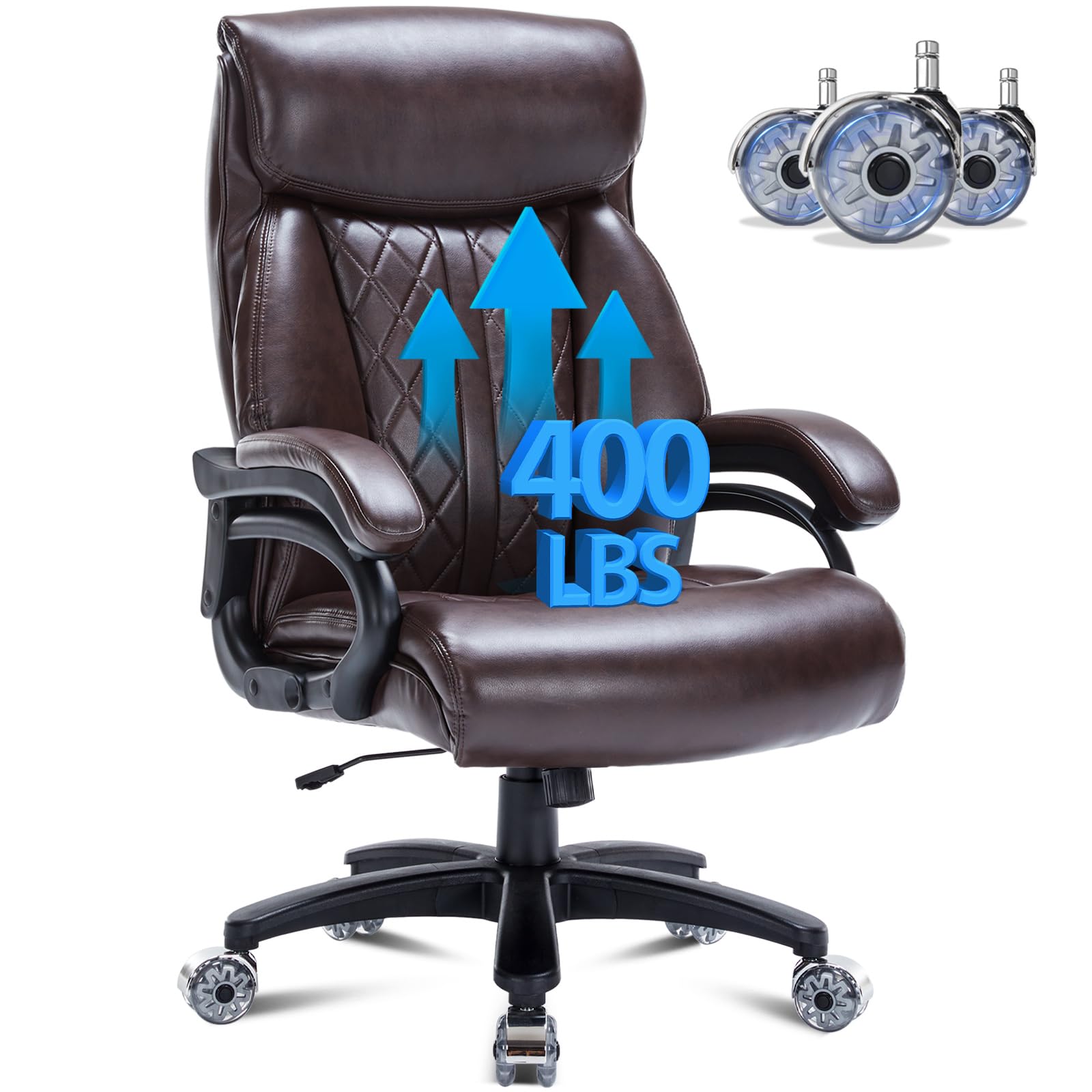 Premium Executive Office Chair - Extra Wide Headrest, PU Leather Large Seat, Recline Function & Heavy Duty Base - 400lbs Weight Capacity - Ergonomic Desk Chair for Home Office, Conference Room or Executive Suite (Brown)