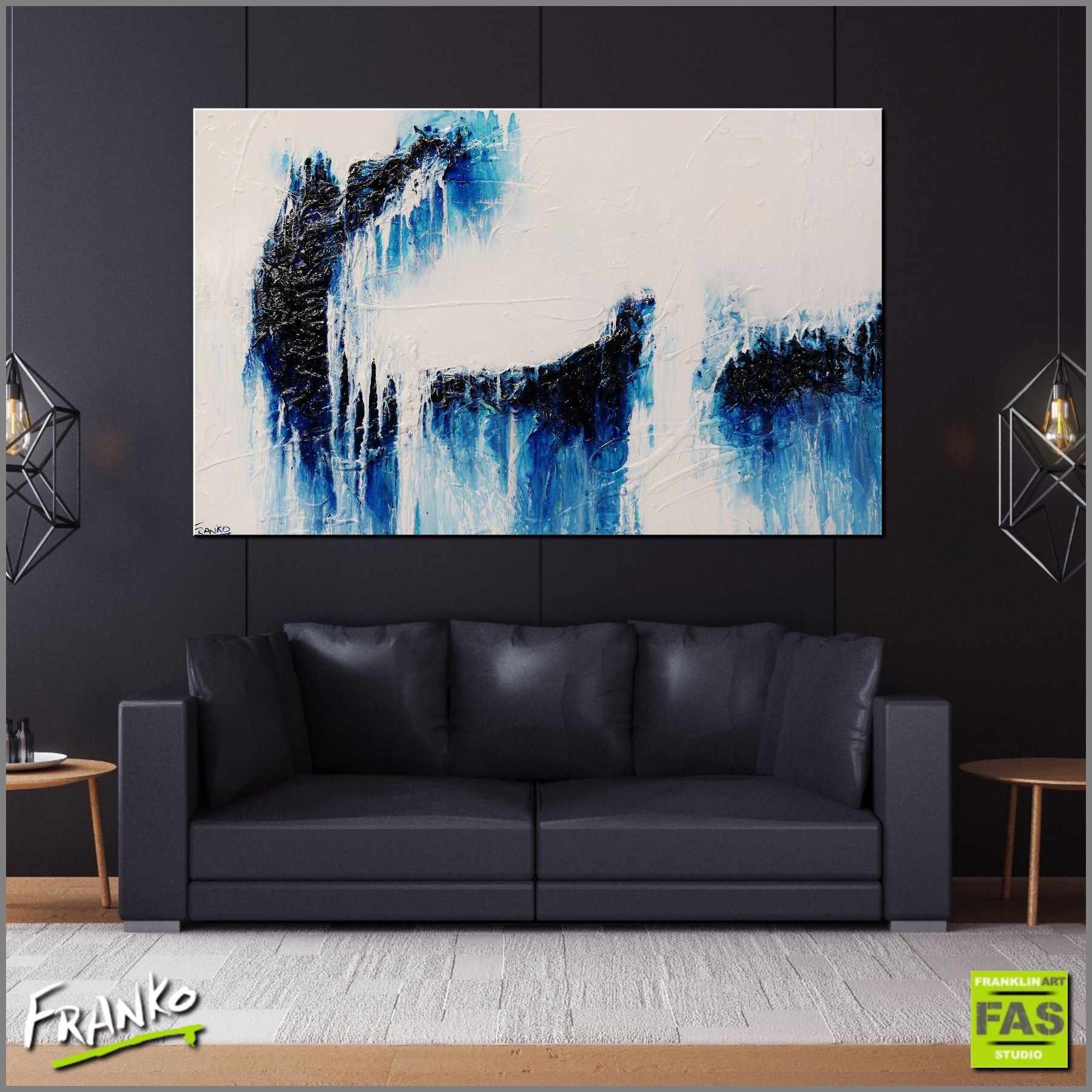 Blue Monty 160cm x 100cm Blue White Textured Abstract Canvas Art - Modern Wall Decor for Living Room, Bedroom & Office