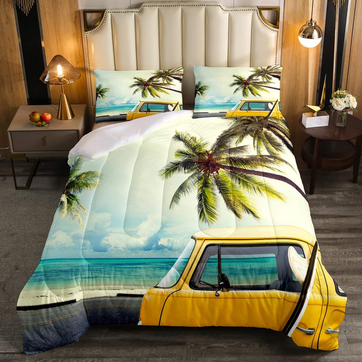 Erosebridal Tropical Hawaii Beach Vacation Comforter Set - Ocean Surf Bedding Duvet Cover with Palm Leaf Design, Yellow Queen Size Quilt for Boys & Girls | Perfect for Beach-Themed Bedrooms, Vacation Rentals & Coastal Home Decor