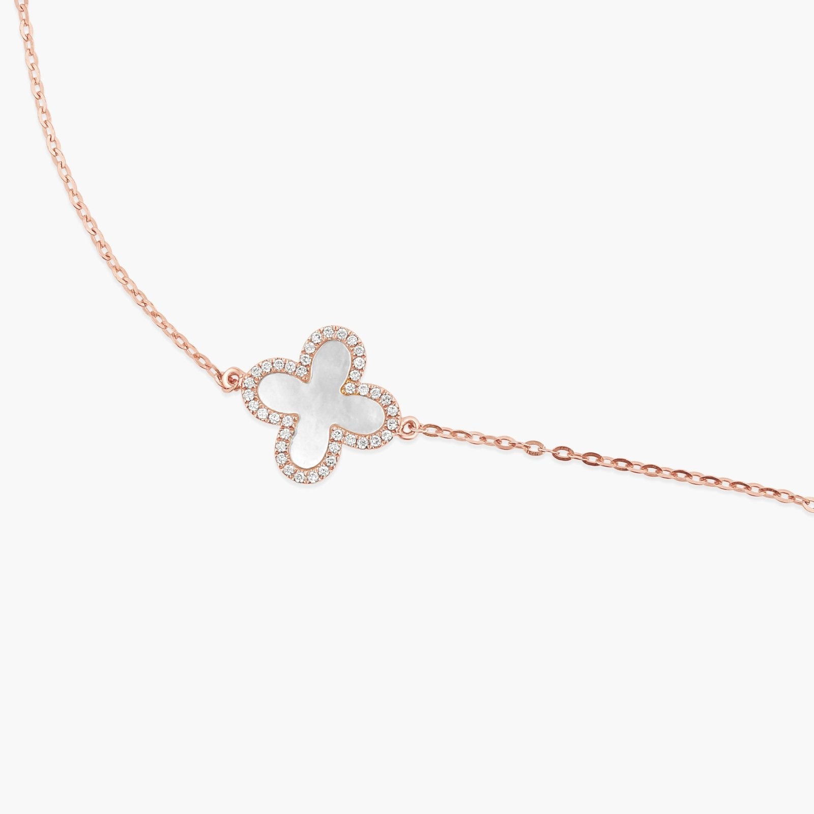 14k Rose Gold Mother of Pearl & Diamond Halo Clover Charm Bracelet - Elegant Jewelry Gift for Women, Perfect for Weddings, Anniversaries & Special Occasions