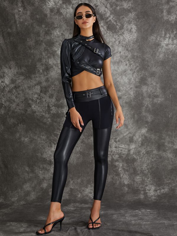 ZASUWA Women's High Waist PU Glossy Cross Twist Metal Button Workout Leggings - Tummy Control & Hip Lift for Yoga, Gym & Running