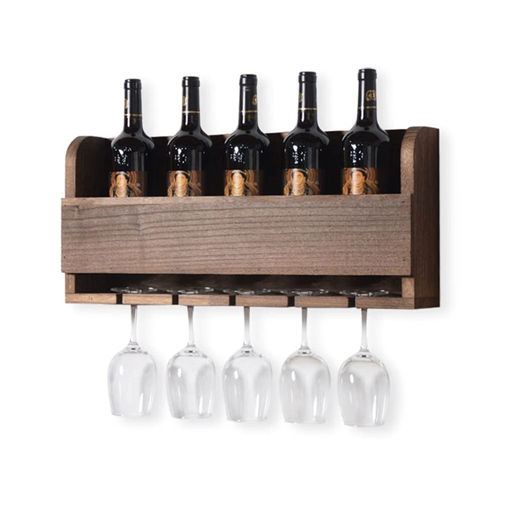 Wall-Mounted Wine Rack - Holds 5 Bottles & Glasses - Brown Wooden Wall Shelf (60x12x27cm) for Kitchen, Bar & Restaurant Wine Storage