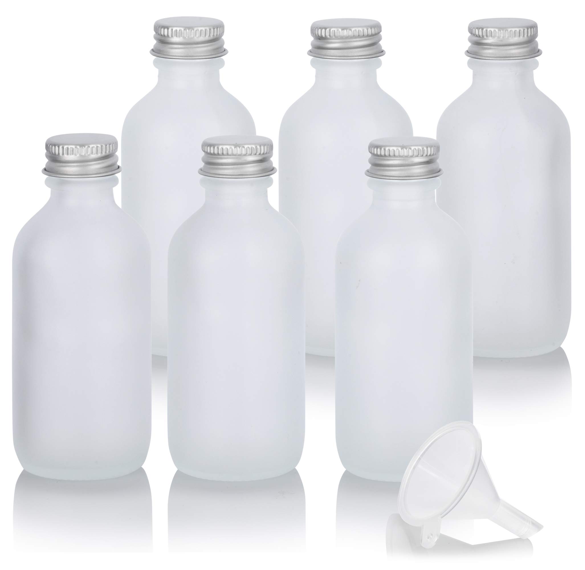 2 oz Frosted Clear Glass Boston Round Bottles with Silver Screw Caps (6 Pack) - Includes Free Funnel - Perfect for Essential Oils, DIY Beauty Products & Craft Storage