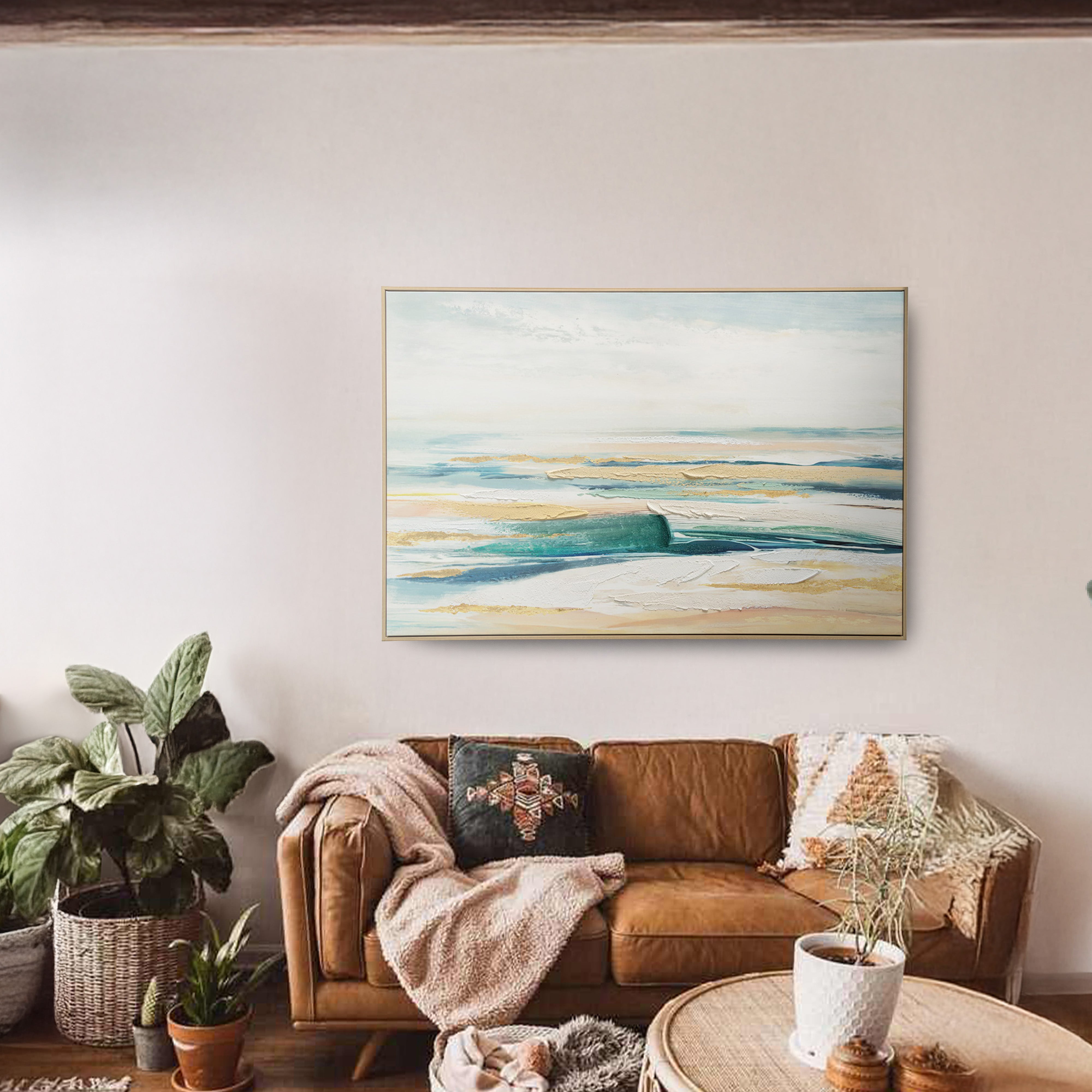 Urban Style Abstract Coastal Brushmarks Embellished Canvas Wall Art - Perfect for Beach House, Living Room & Office Decor