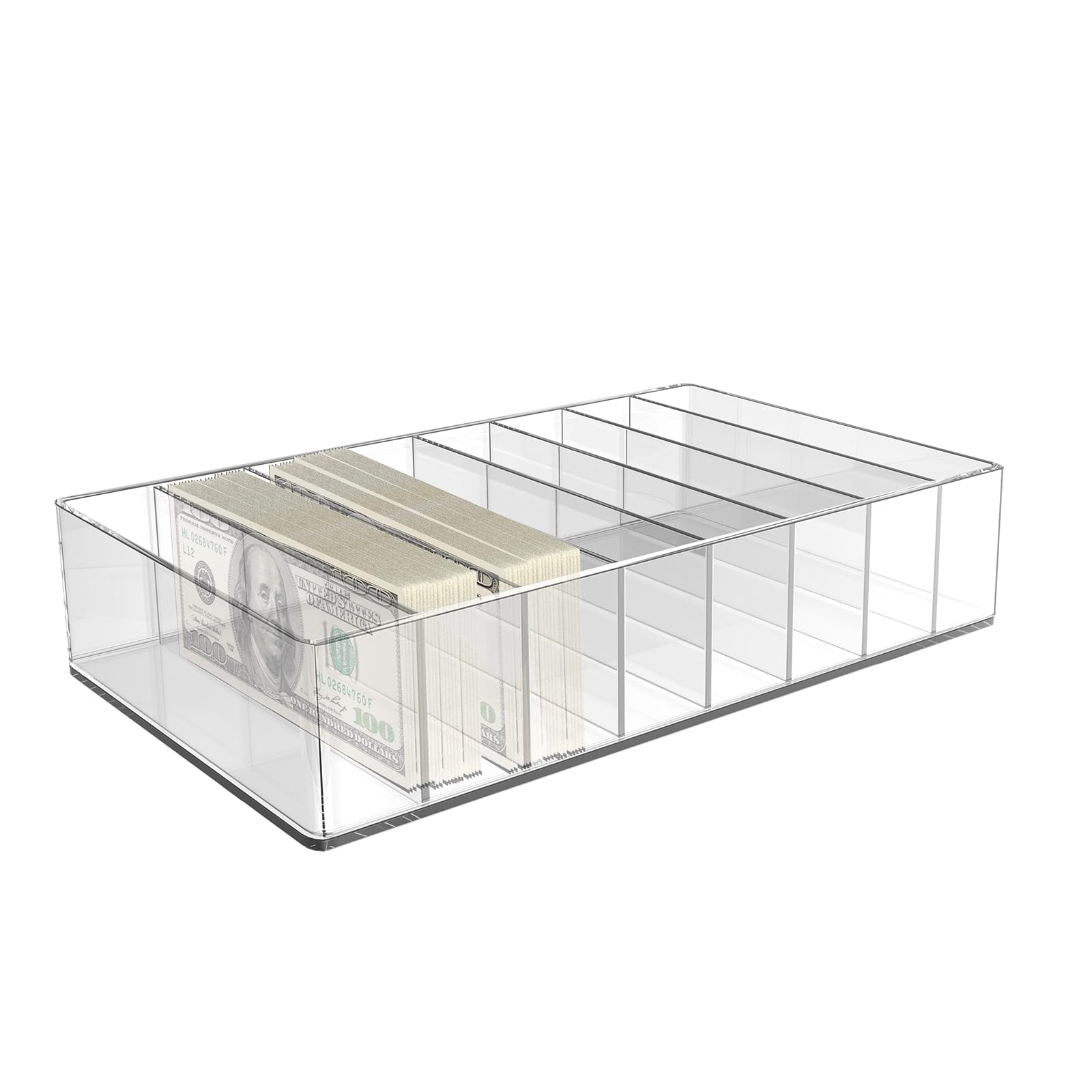 8-Section Clear Plastic Cash Organizer - Money Budget Tray with Dividers for Bills, Coins & Envelopes | Perfect for Home Office, Salon Makeup Palette & Cable Storage | Durable Bill Holder & Money Management Tool